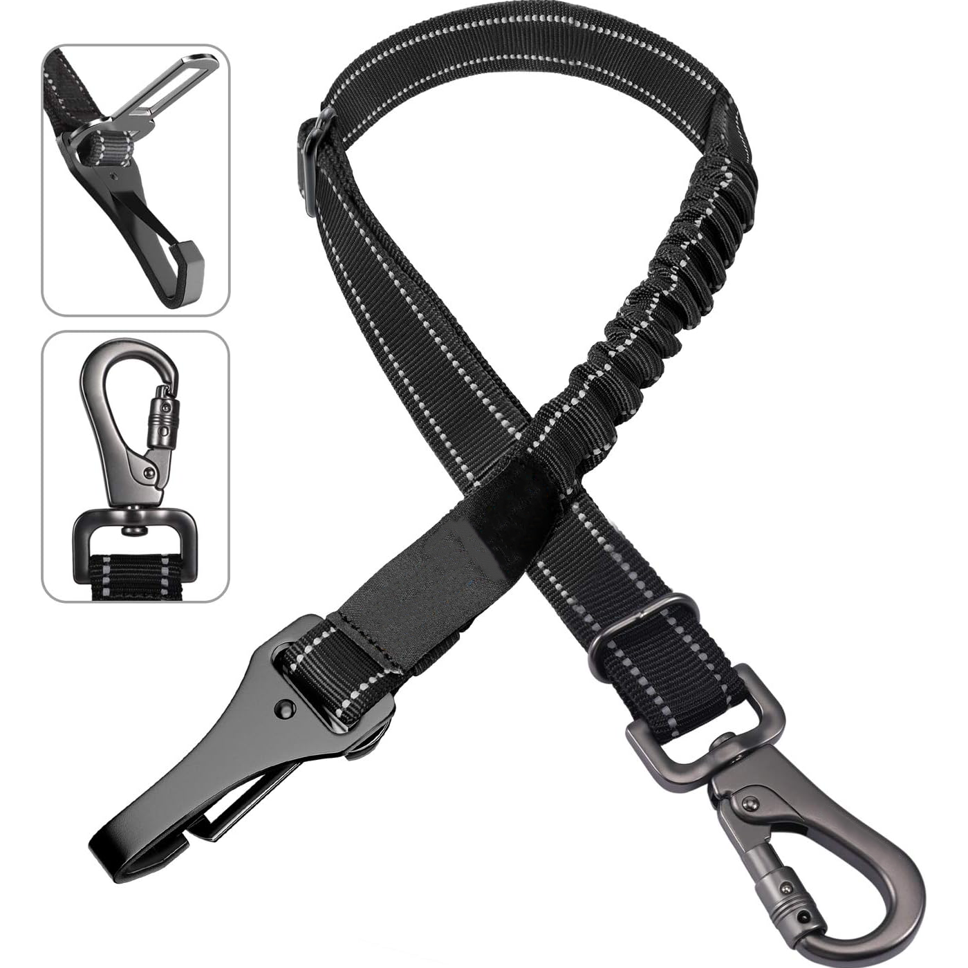 3-in-1 Adjustable Dog Car Seat Belt – Reflective Nylon Safety Harness with Elastic Bungee & Zinc Alloy Hook