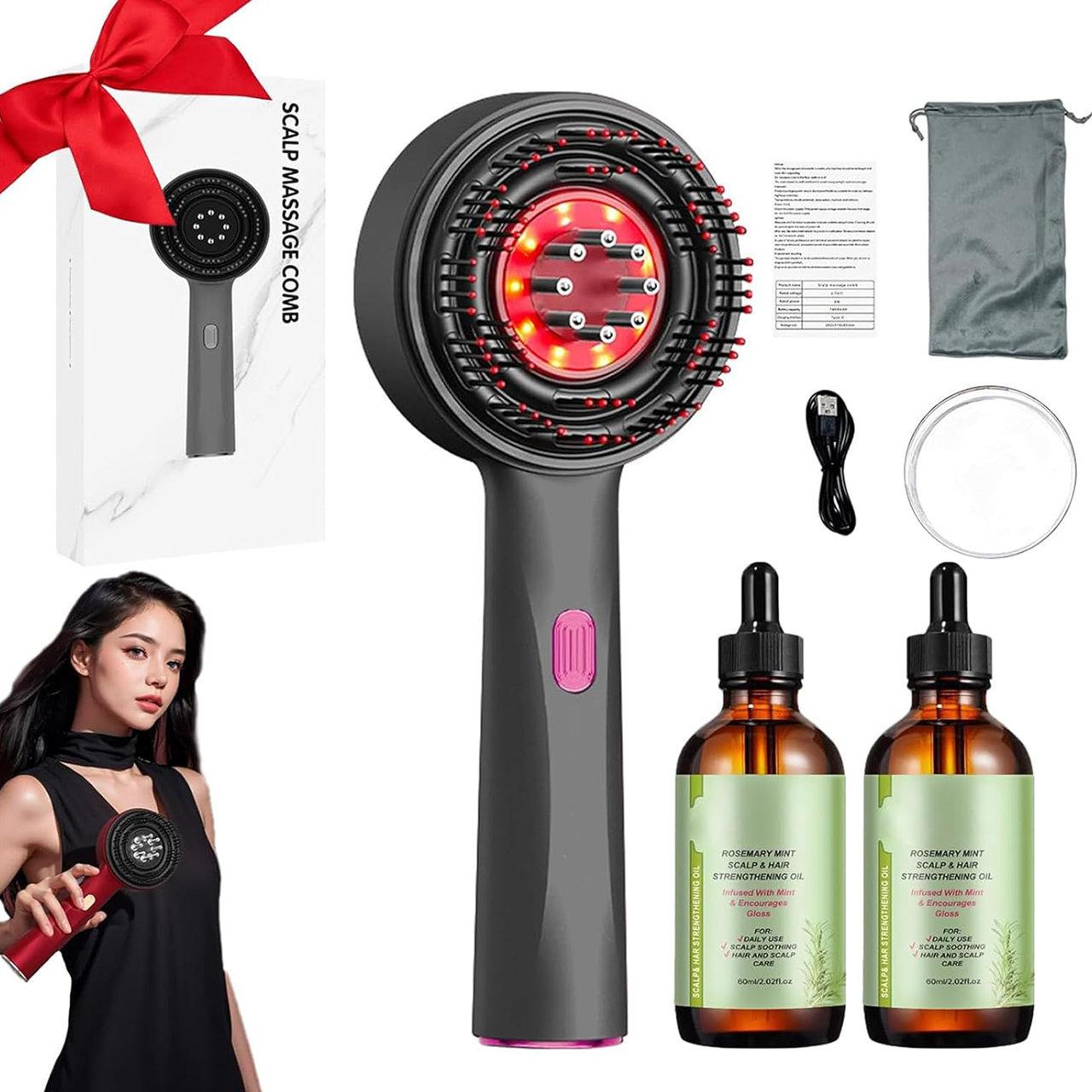 Red Electric Scalp Massager – Cordless Waterproof Hair Comb