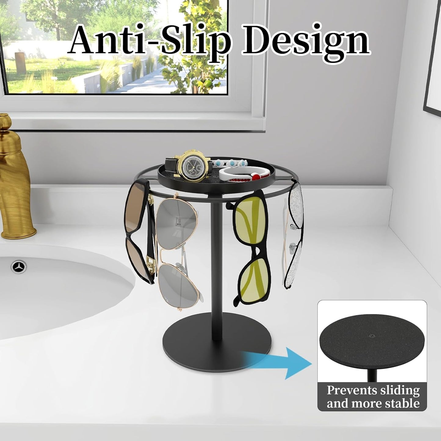 Glasses Holder Stand – Matte Black Sunglasses Organizer with Storage Tray