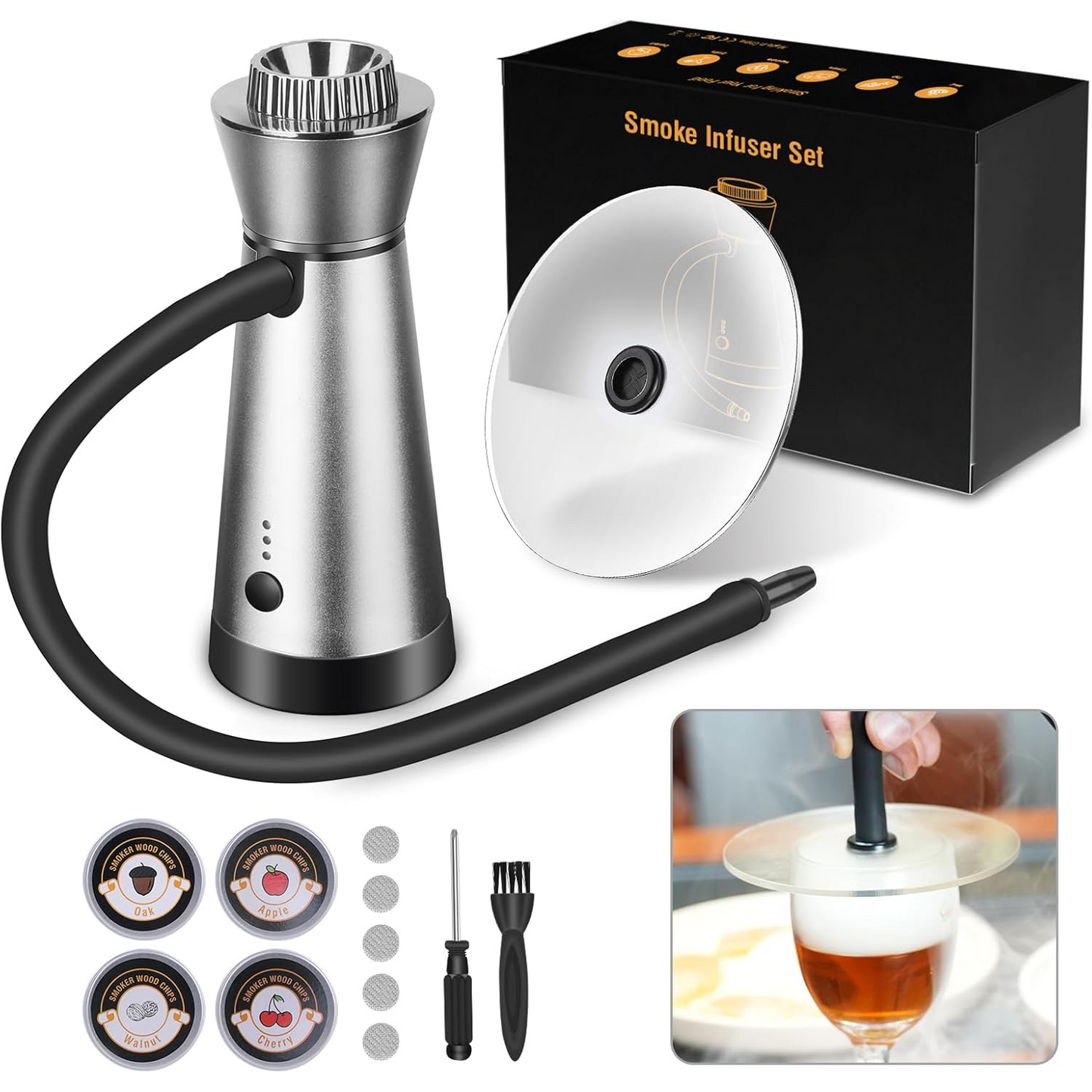 Cocktail Smoker Kit – Portable Smoking Gun with 4 Flavors Wood Chips & Cup Lid