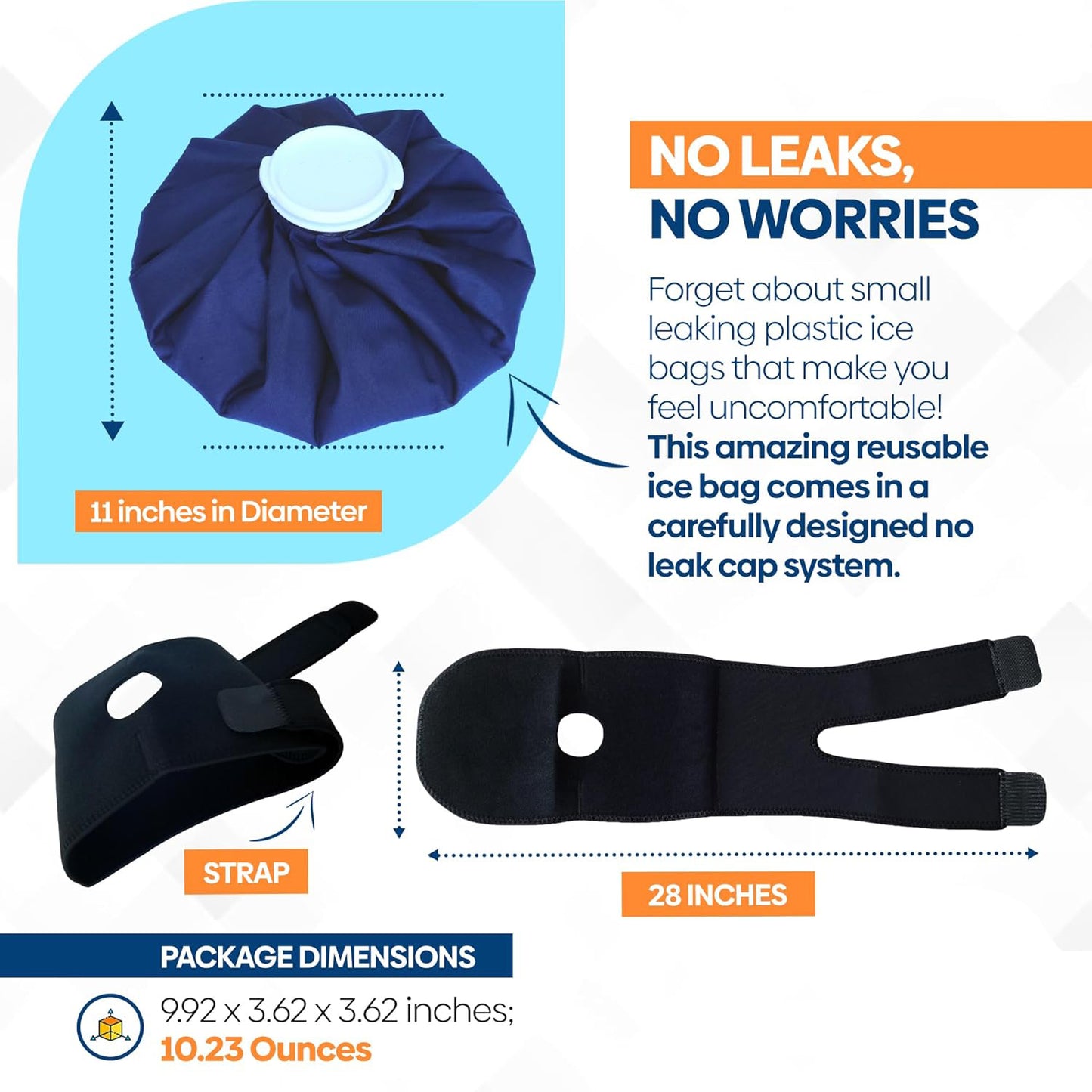 Refillable 11-Inch Ice Bag with 28-Inch Strap – Reusable & Washable Medical Ice Pack