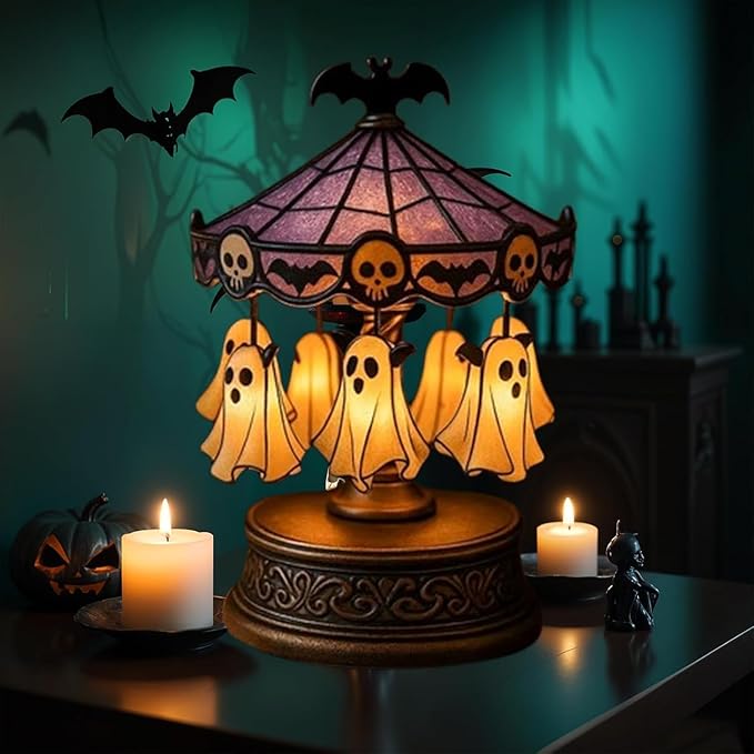 Ghost Carousel Lamp – Halloween Ghost Night Light | USB Rechargeable Decorative Light