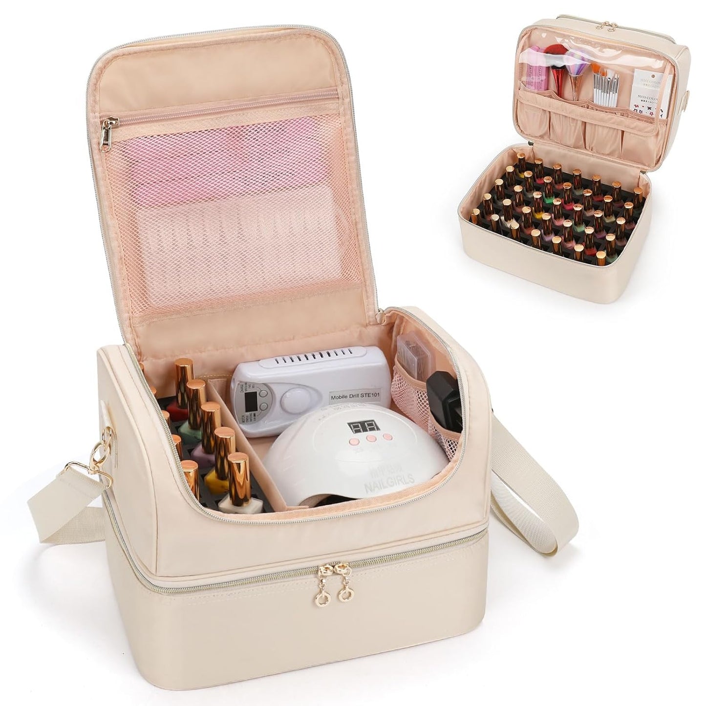 Portable Nail Polish Storage Box | Travel Nail Art Organizer for 45 Bottles & LED Lamp