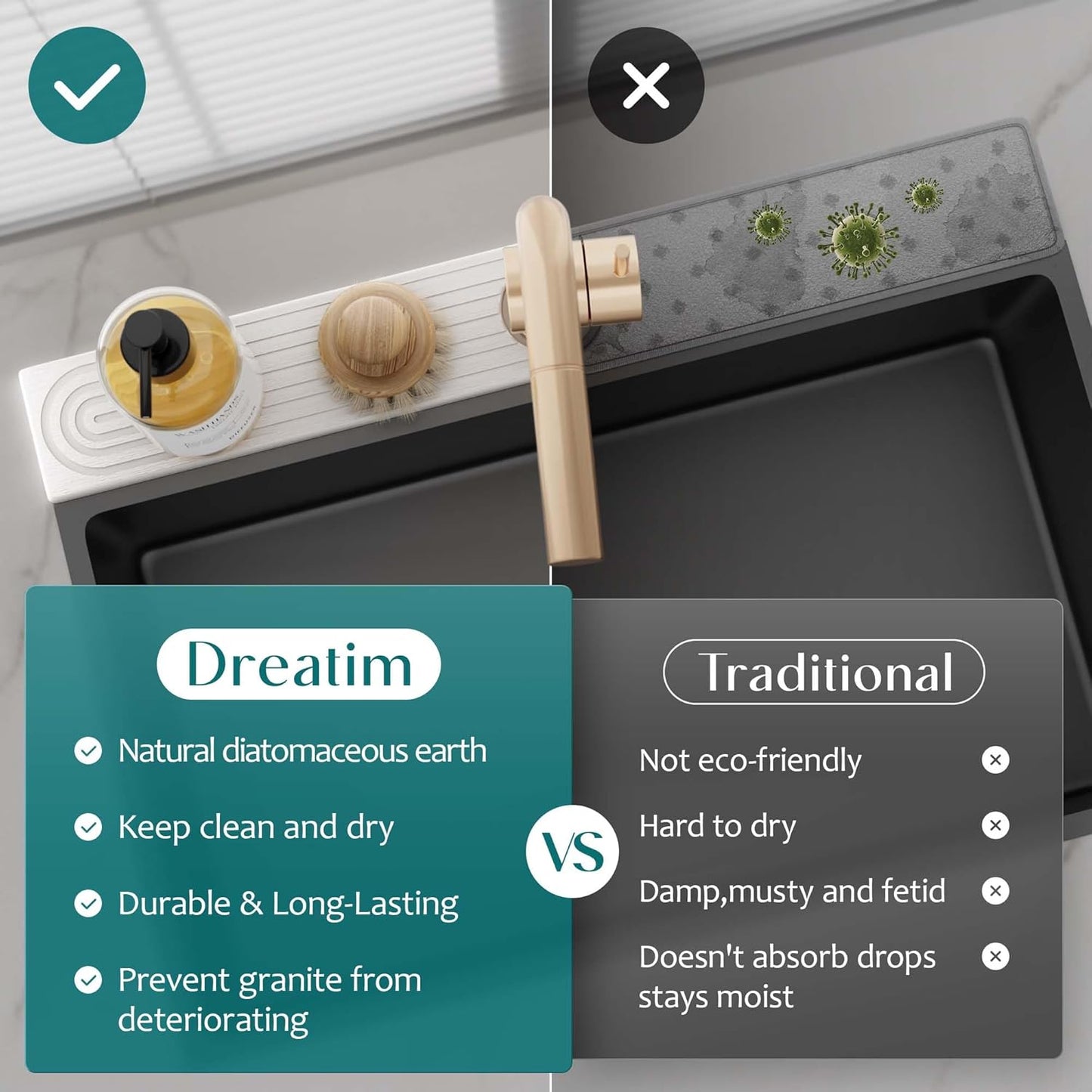 Diatom Sink Drying Stone Mat – Quick-Dry Water Absorbing Tray for Kitchen & Bathroom