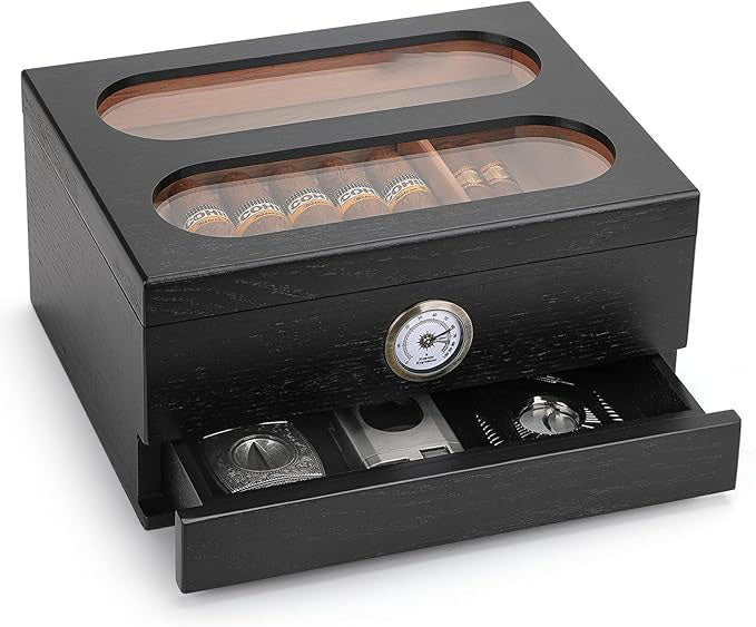 Cigar Humidor Box – With Front Hygrometer & Humidifier | Accessory Drawer | Tempered Glass Top & Spanish Cedar Lining | Holds 20-35 Cigars