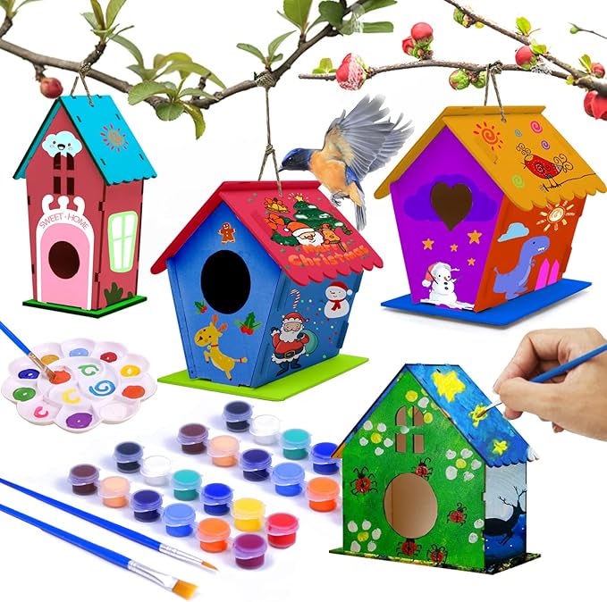 4-Pack DIY Birdhouse Craft Kit – Build & Paint Birdhouses for Kids | Ages 3+ | Summer Arts & Crafts Project & Christmas Gift