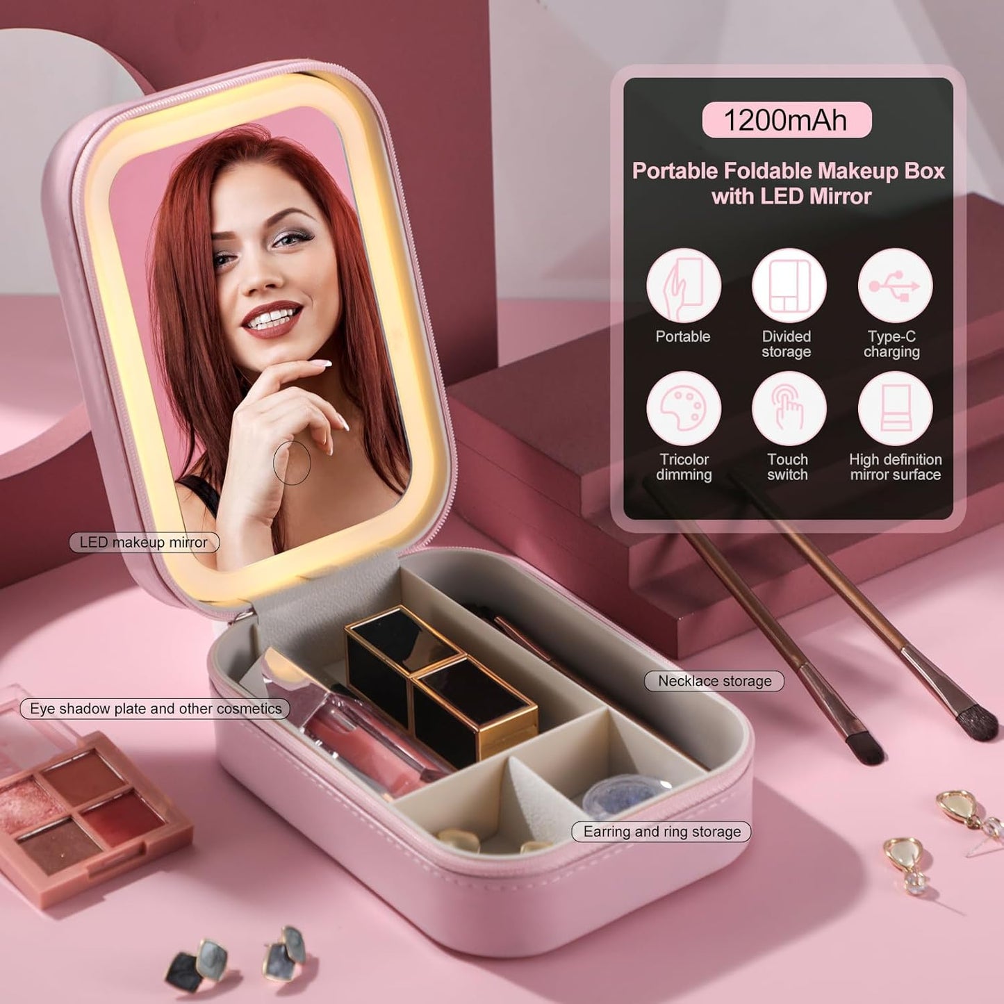 Travel Makeup Mirror Case – Portable LED Lighted Vanity Box with Storage for Brushes & Tools