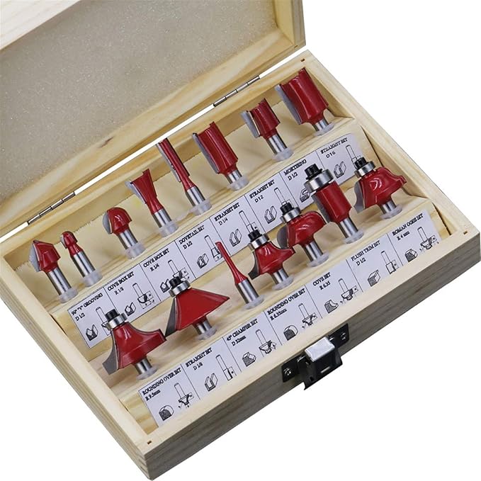 15-Piece 1/4'' (8mm) Shank Carbide Router Bit Set – Wood Carving & Cutting Tools | Precision Cutting & Durable Performance
