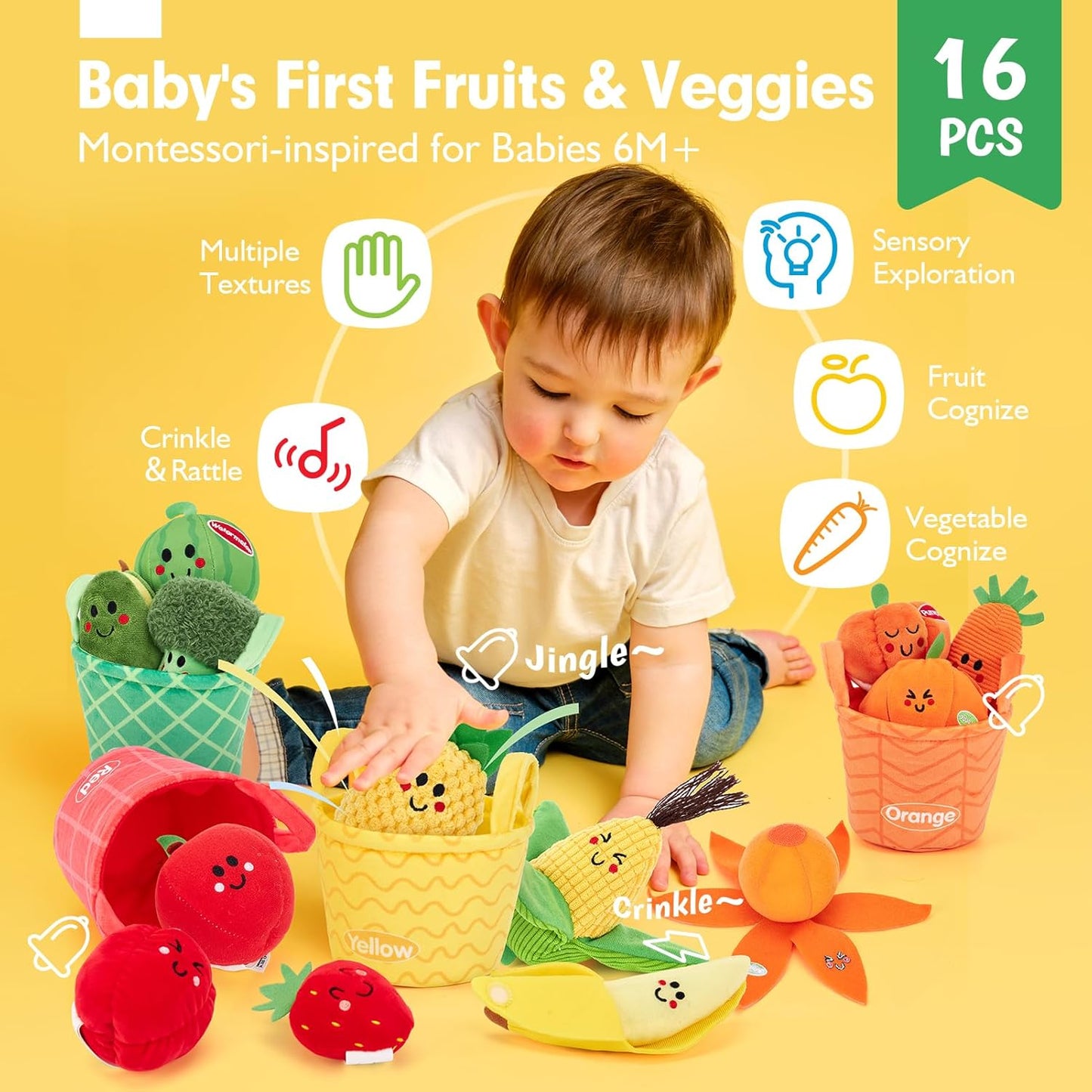 Baby Sensory Toys – 16 PCS My First Fruit & Vegetable Sorting Playset | Crinkle & Rattle