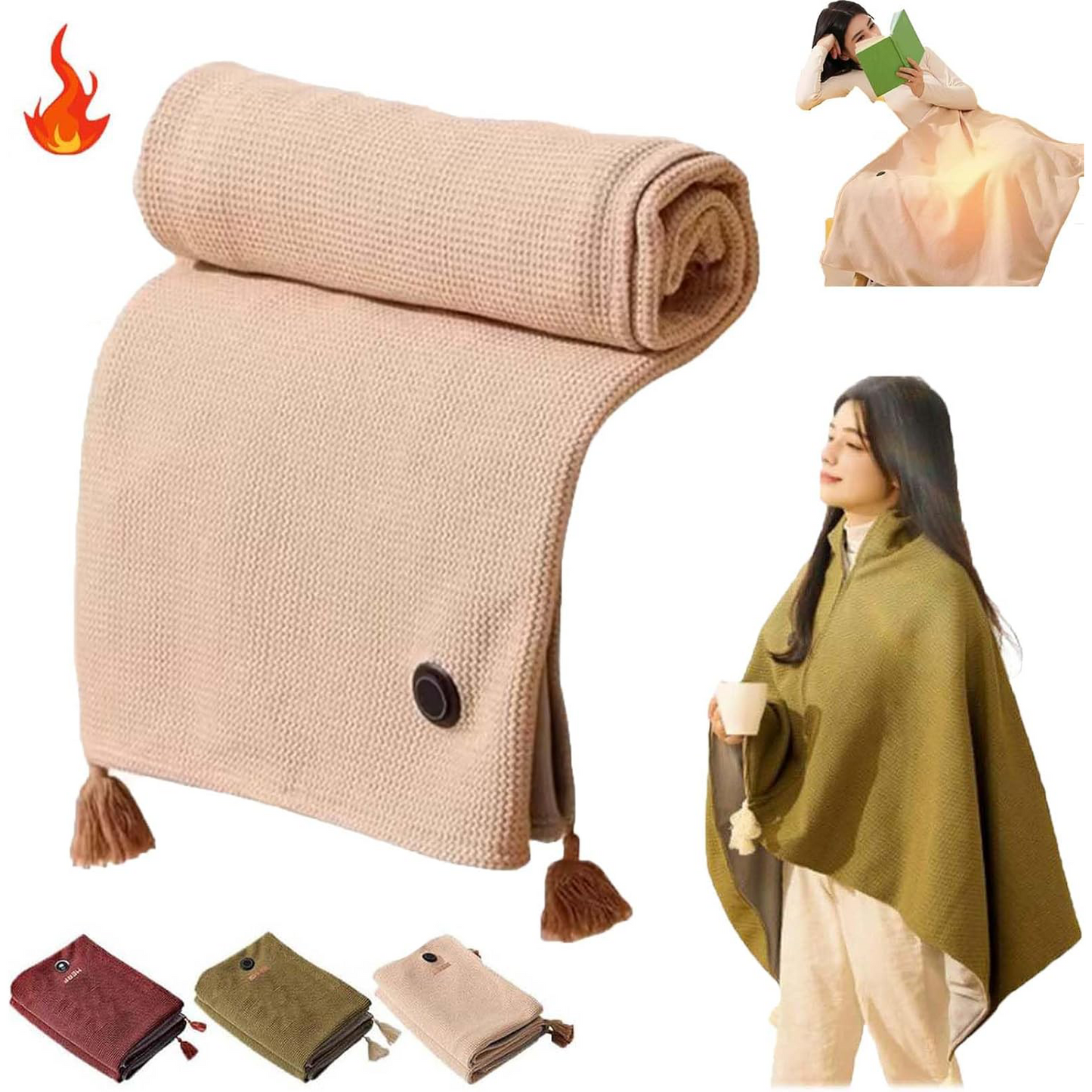 Portable Heated Shawl Blanket – Soft Zippered USB Electric Throw with 3 Heat Settings