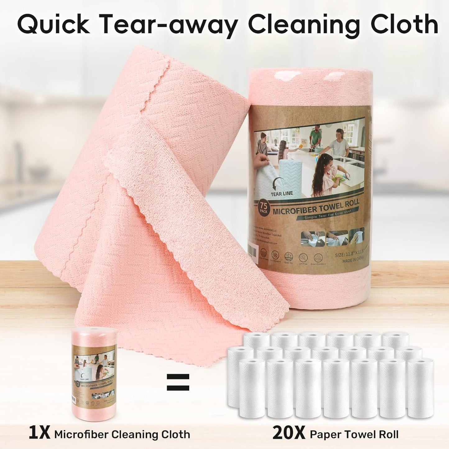 Microfiber Cleaning Cloth Roll – 75-Pack Tear-Off Towels | Reusable, Scratch-Free Dishcloth