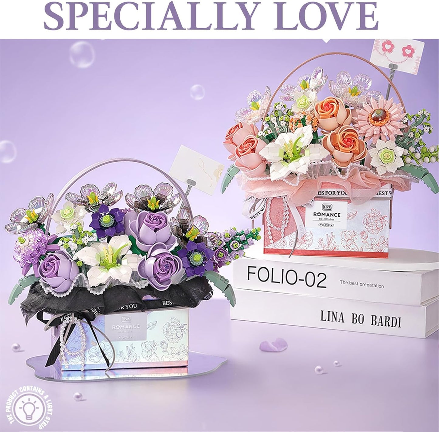 Building Block Rose Bouquet Set – 1179 Pcs Artificial Flower Kit with LED Light Strip