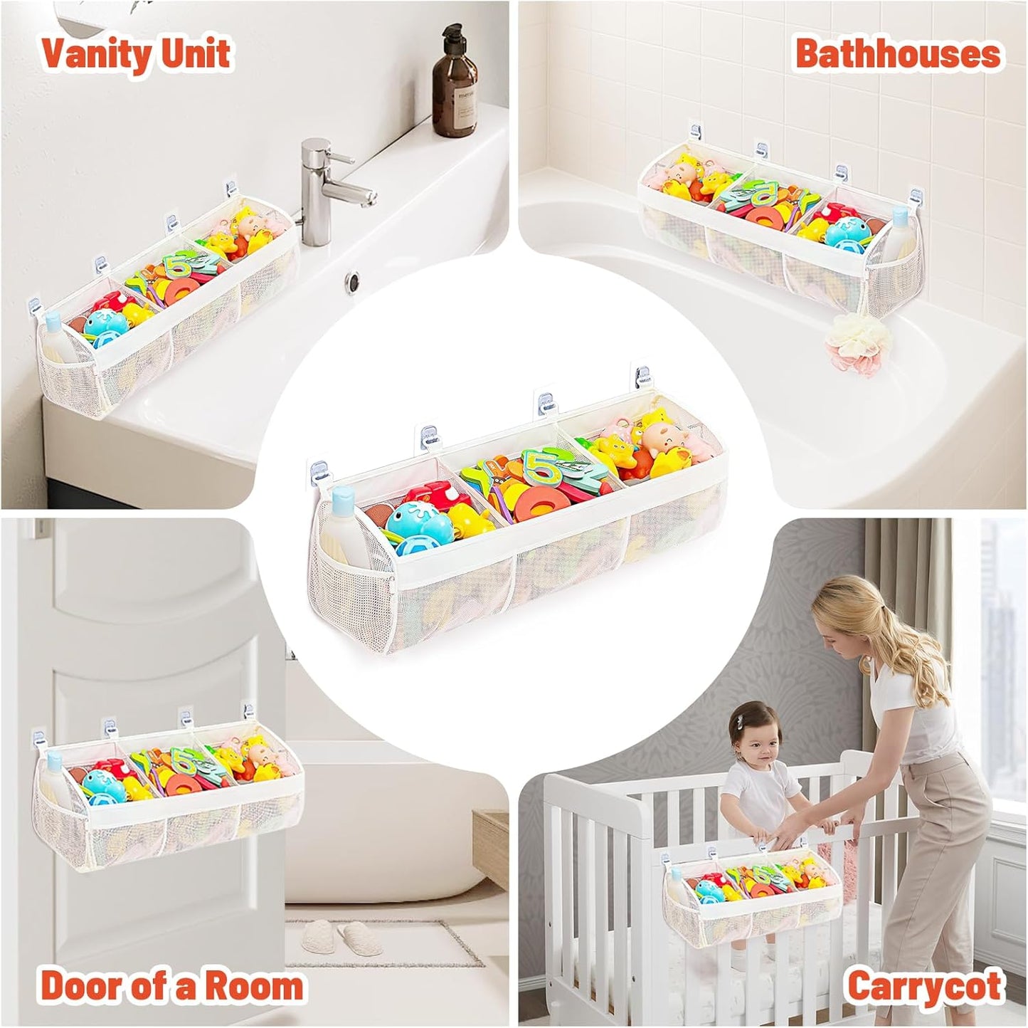3-Compartment Horizontal Bathtub Toy Organizer Quick-Dry Mesh