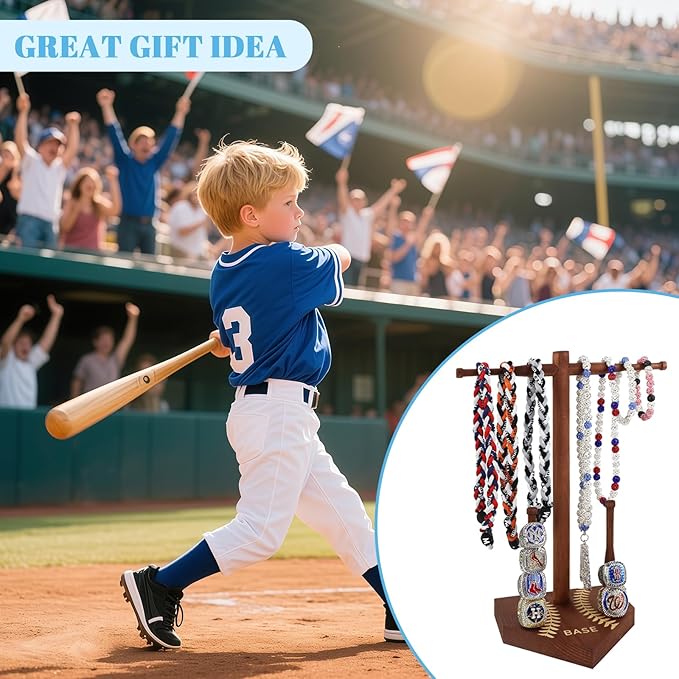 Custom Engraved Baseball & Softball Drip Necklace Display Stand – Wooden Stacking Ring & Necklace Organizer