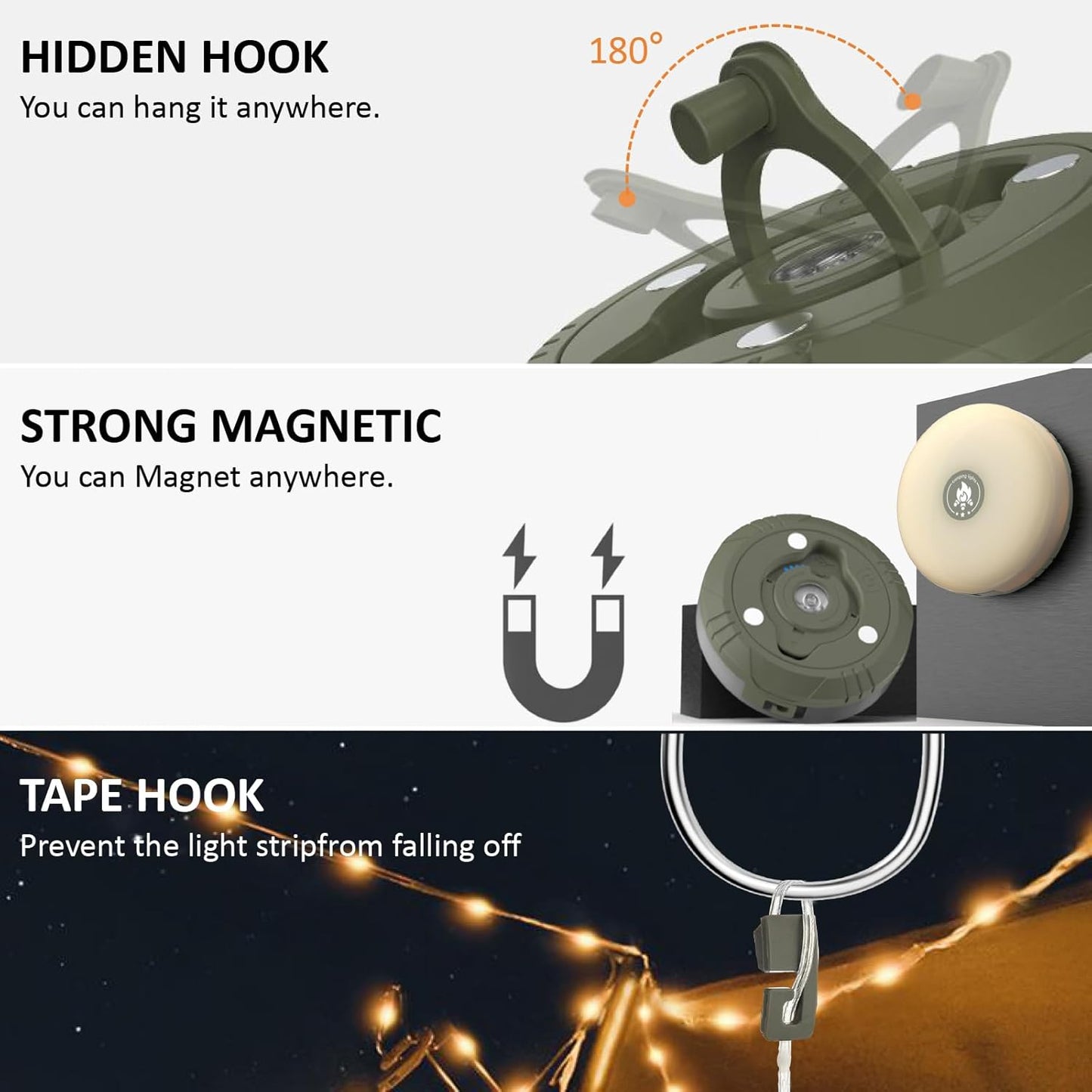 Camping String Lights | 4-in-1 Outdoor Light String | 8 Lighting Modes | Quick Storage | USB Rechargeable