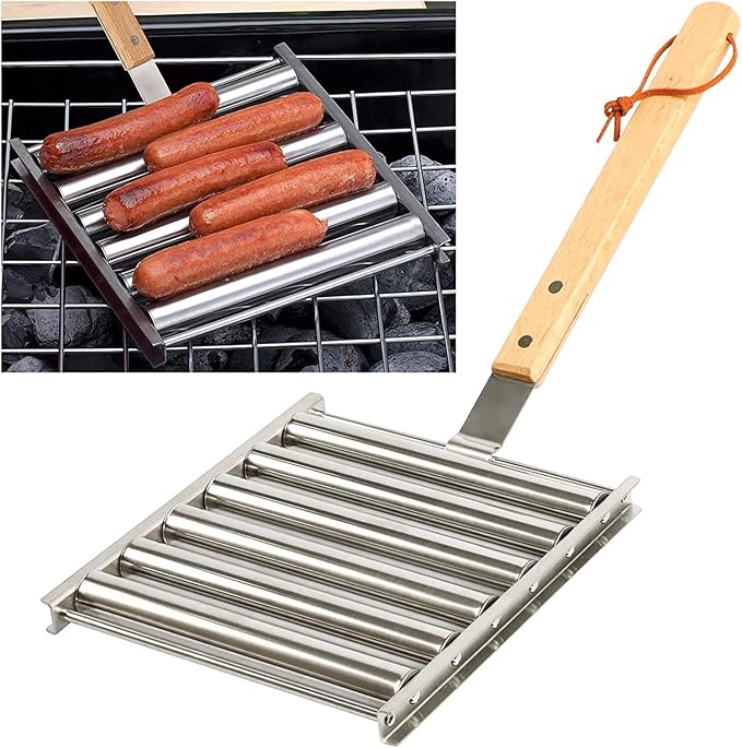 Stainless Steel Hot Dog Sausage Roller | BBQ Grill with Extra-Long Wooden Handle | Evenly Grills 5 Hot Dogs