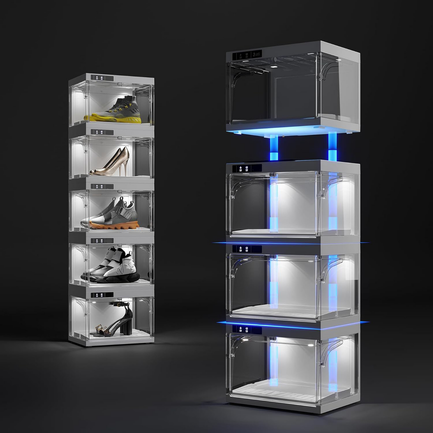 Smart LED Shoe Display Box – Stackable, Automatic & Stylish Storage Solution
