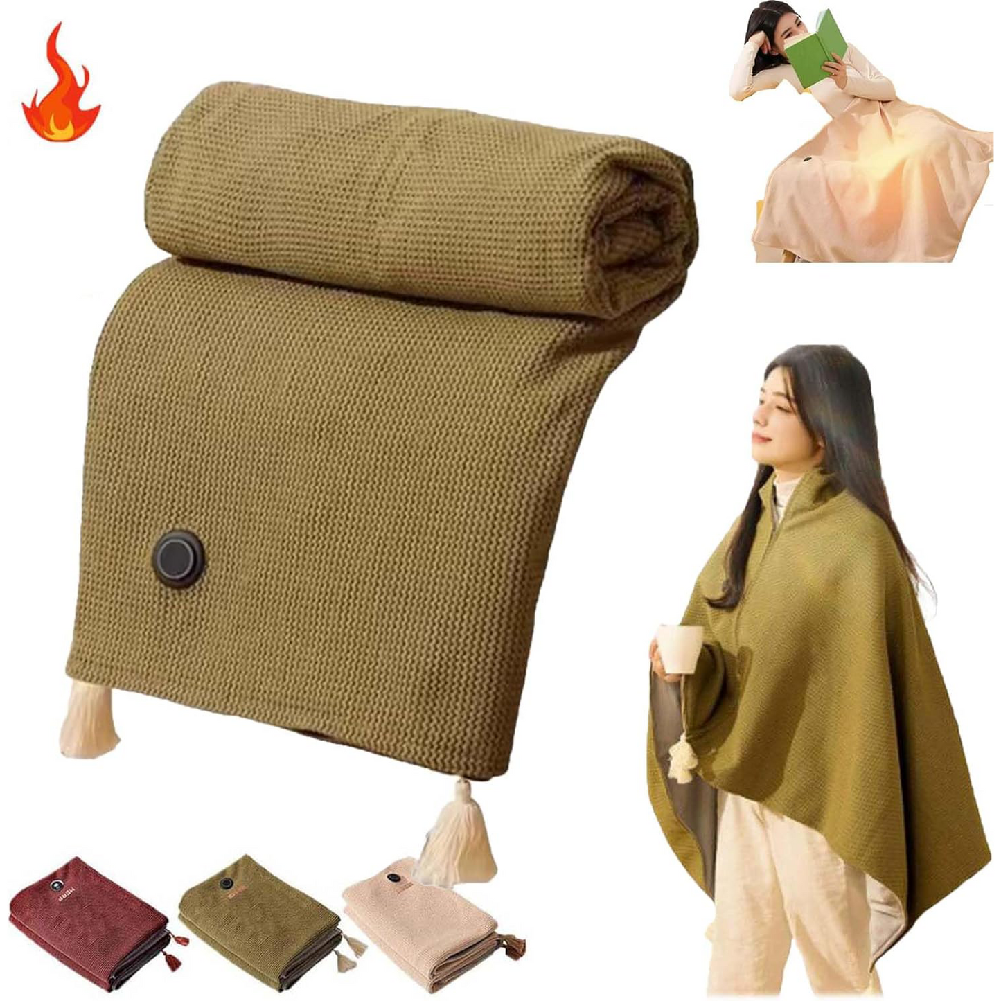 Portable Heated Shawl Blanket – Soft Zippered USB Electric Throw with 3 Heat Settings