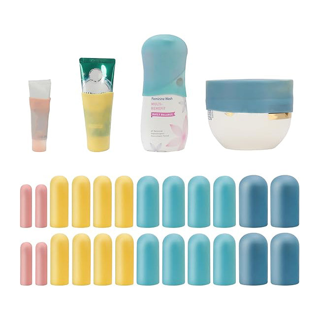 24-Pack Silicone Travel Bottle Sleeves – Leak-Proof Elastic Bottle Caps in 4 Sizes