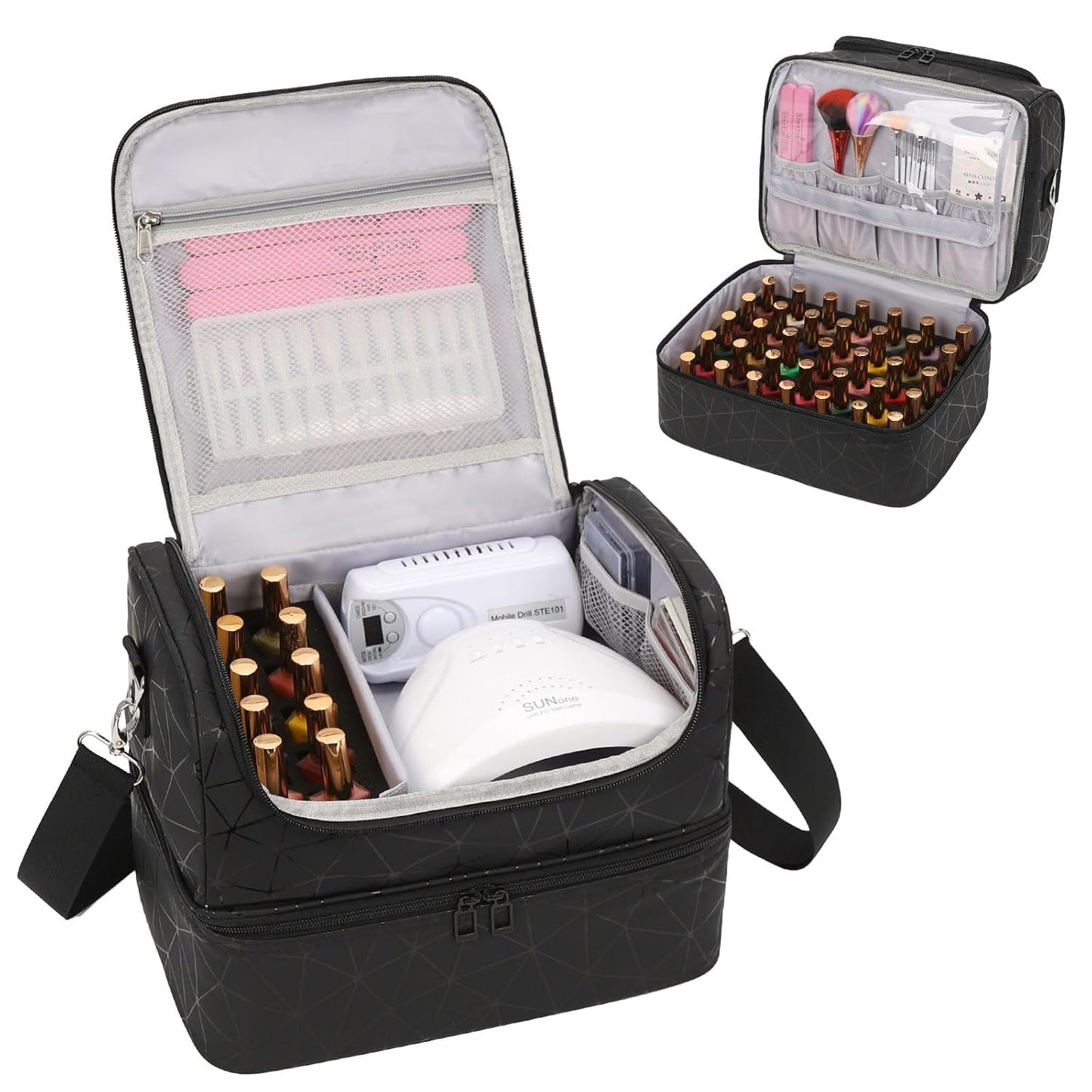 Portable Nail Polish Storage Box | Travel Nail Art Organizer for 45 Bottles & LED Lamp