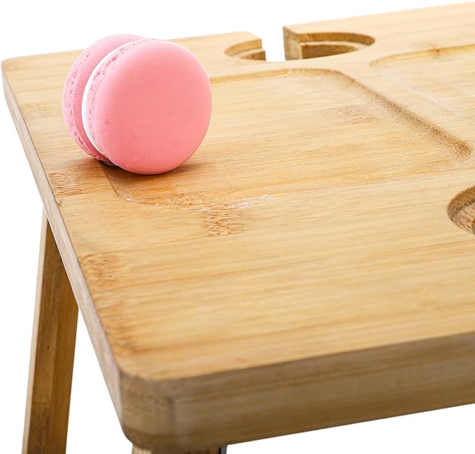 Portable Wine Picnic Table – Foldable Champagne & Snack Tray | Wooden Outdoor Table with Glass Holder | Perfect for Parks, Beaches, Camping, or Bed Use