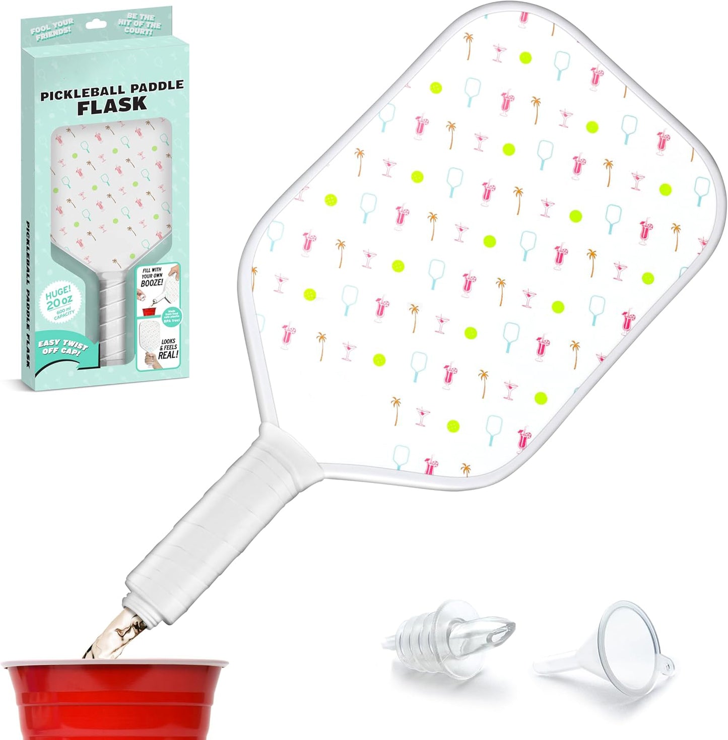 Pickleball Paddle Shaped Flask – 20oz Beverage Holder with Funnel & Spout