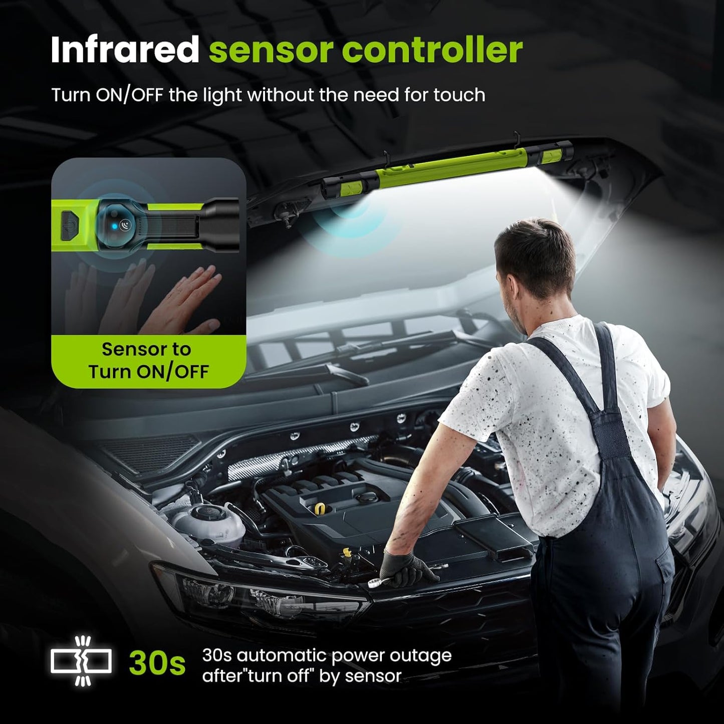 3000 Lumens Rechargeable LED Work Light – Cordless Mechanic Lamp with Auto Sensor