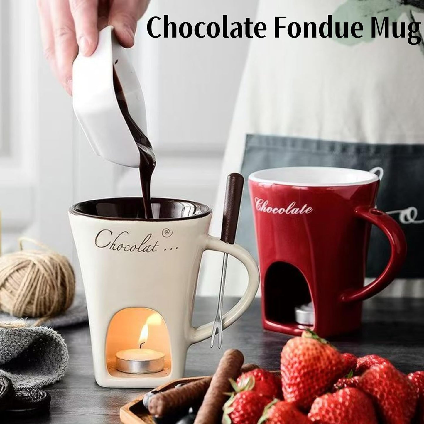 Chocolate Fondue Mug Set – Mini Ceramic Fondue Cup with Forks and Candle