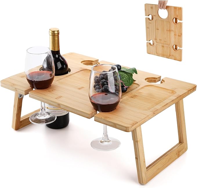 Portable Wine Picnic Table – Foldable Champagne & Snack Tray | Wooden Outdoor Table with Glass Holder | Perfect for Parks, Beaches, Camping, or Bed Use