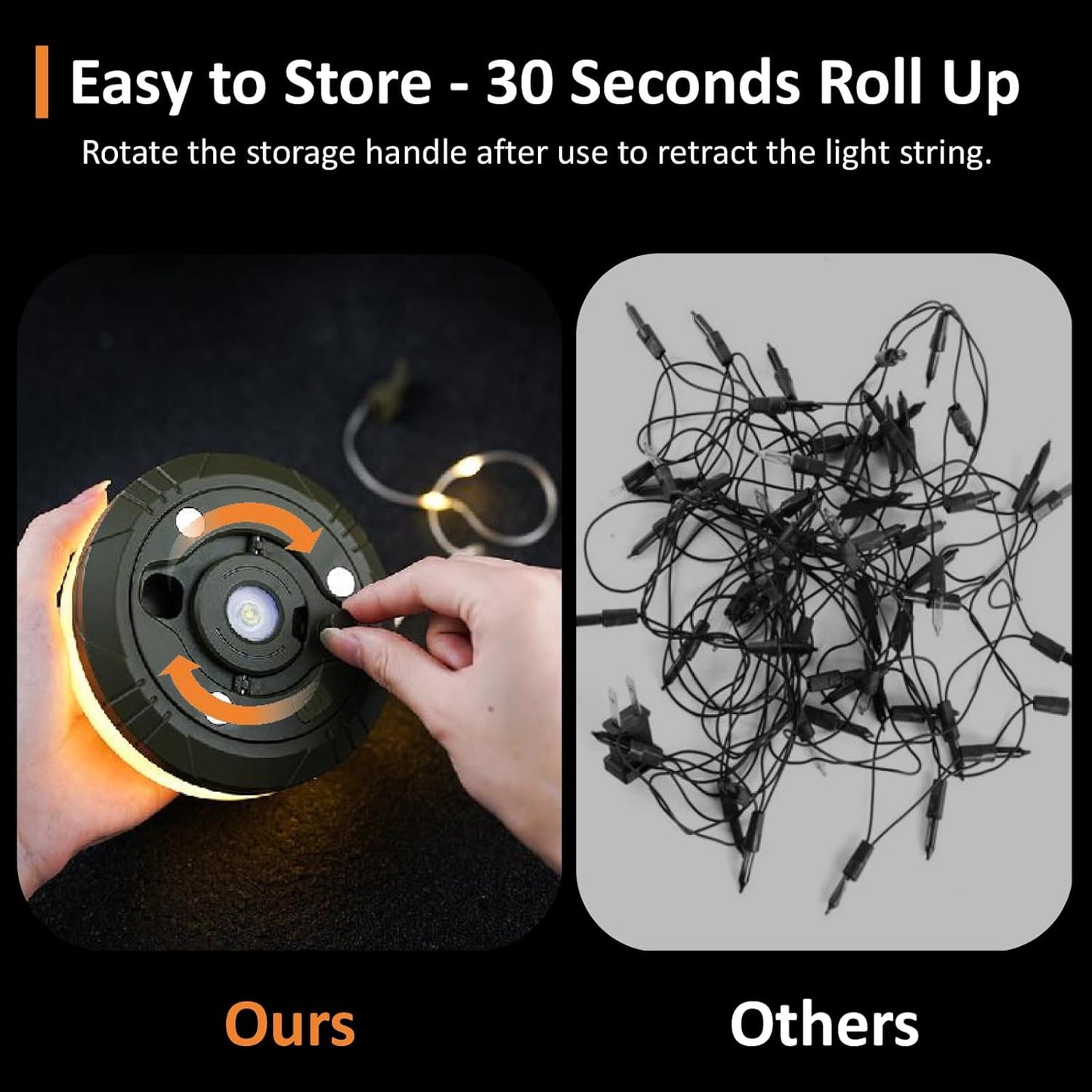 Camping String Lights | 4-in-1 Outdoor Light String | 8 Lighting Modes | Quick Storage | USB Rechargeable