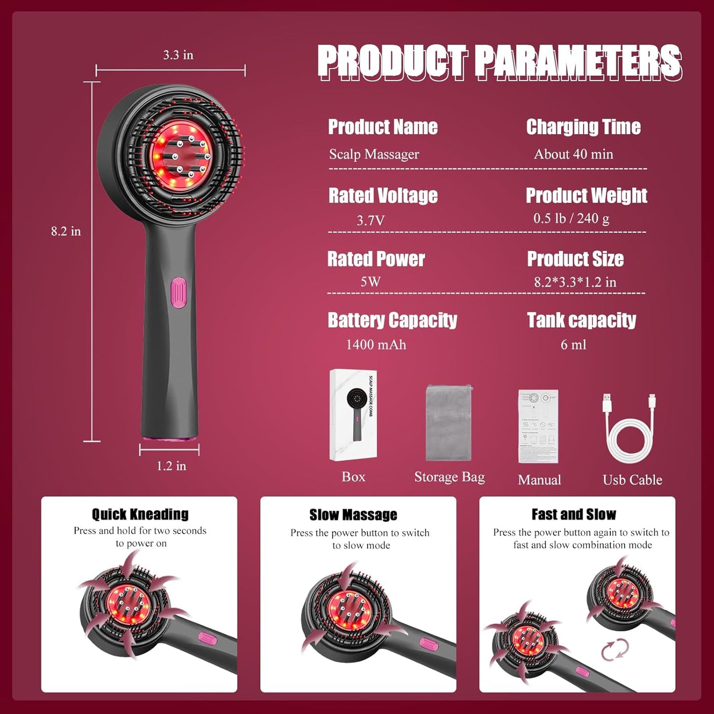 Red Electric Scalp Massager – Cordless Waterproof Hair Comb