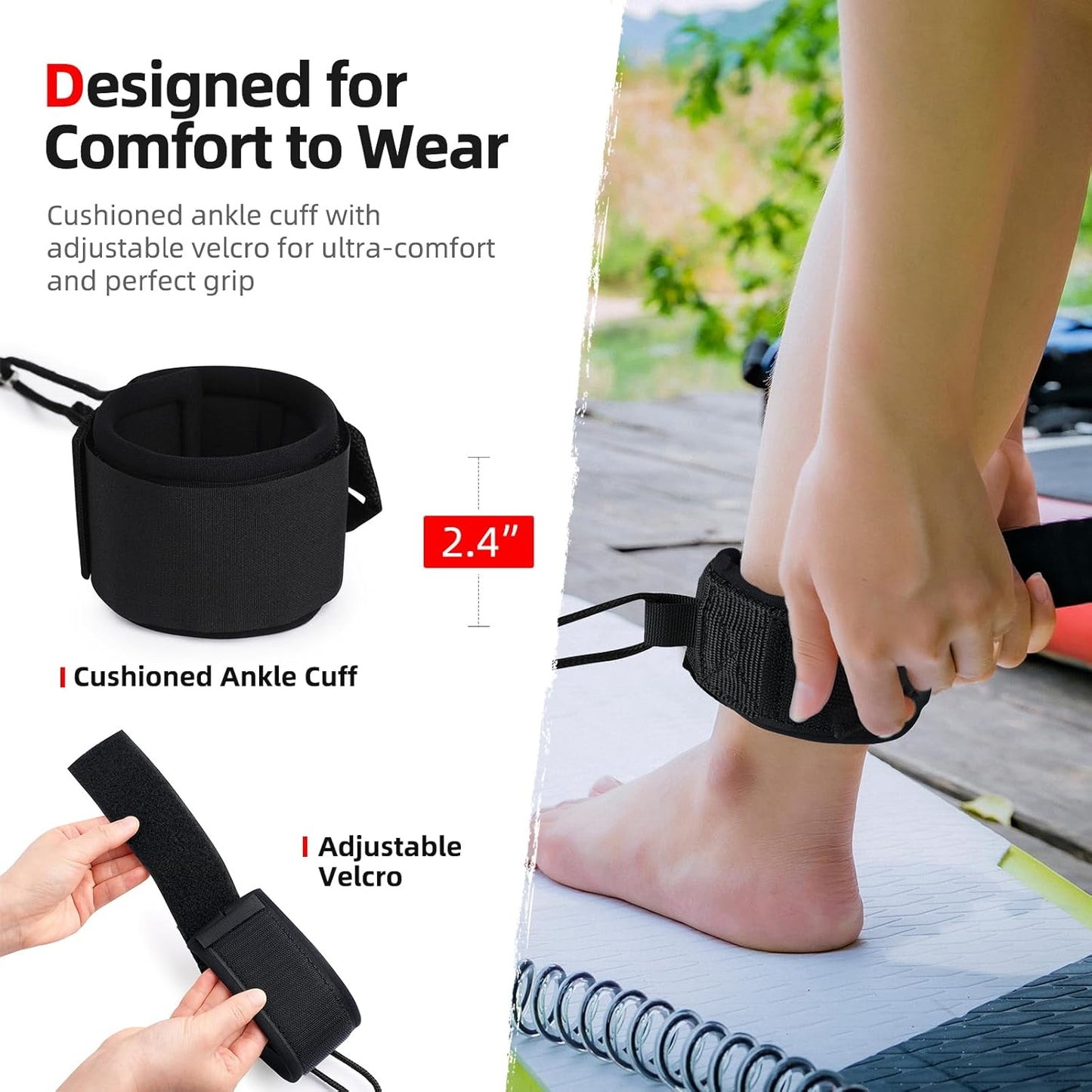 10 ft 7 mm SUP Paddle Board Leash – Coiled with Premium Anti-Slip Cuff & Flexible Swivel Connector