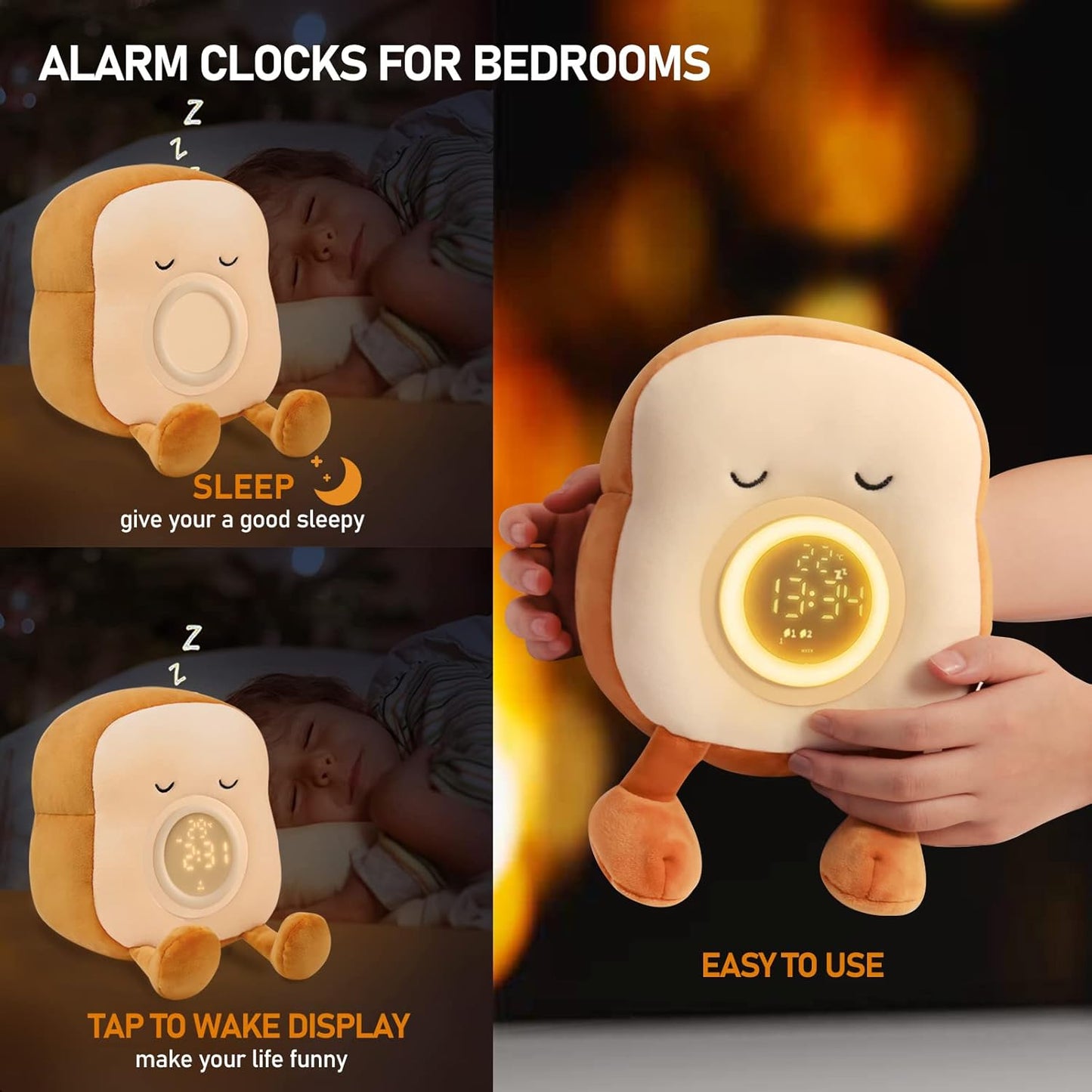 Plush Night Light Toy – Cute Toast Bread Alarm Clock with LED Lamp for Kids Bedroom