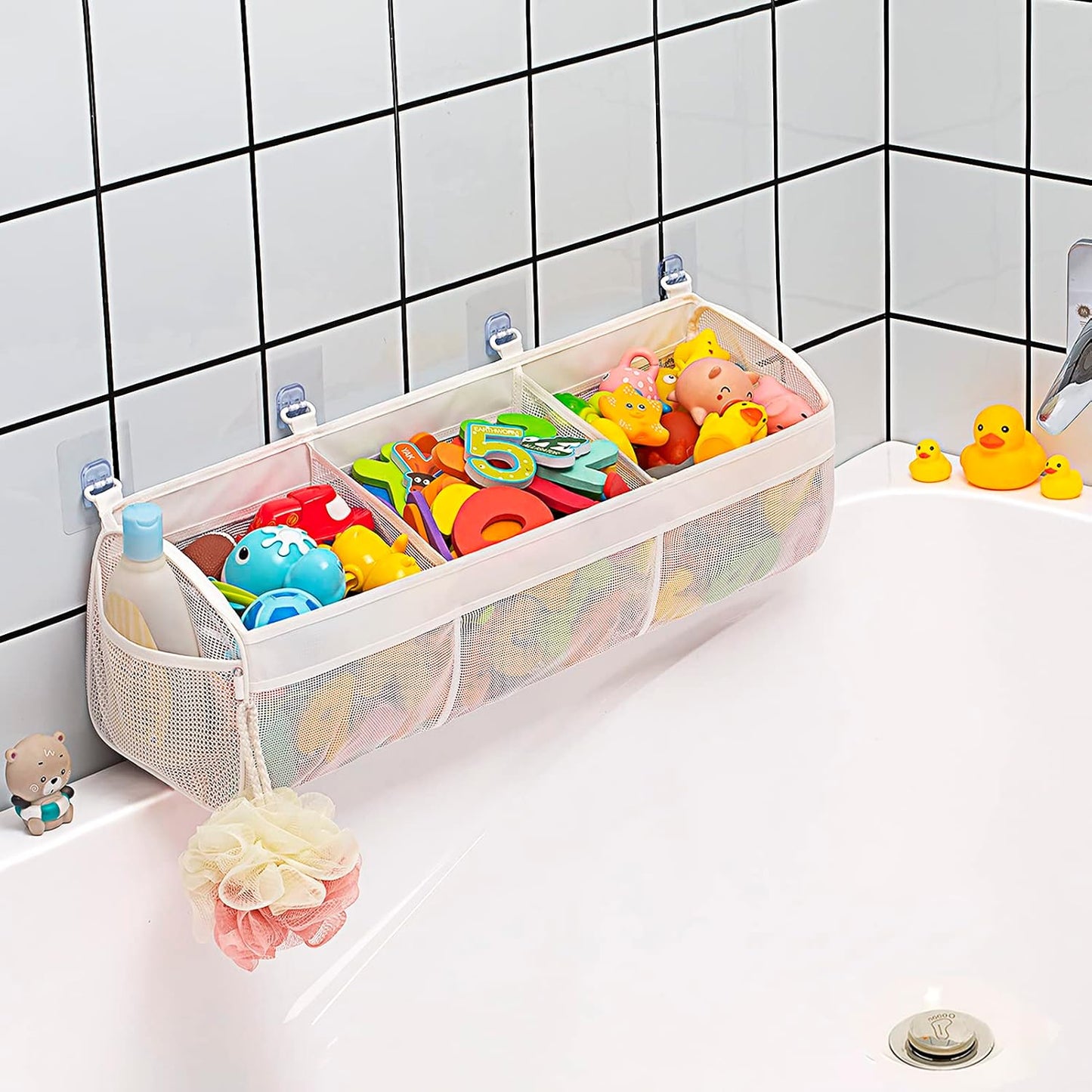 3-Compartment Horizontal Bathtub Toy Organizer Quick-Dry Mesh
