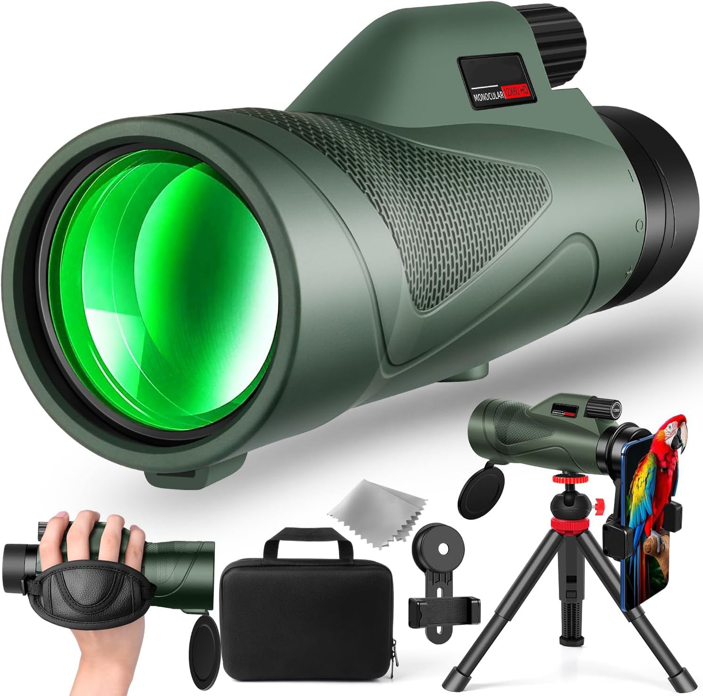 12x50 HD Monocular Telescope for Adults | with Smartphone Adapter, Tripod & Hand Strap