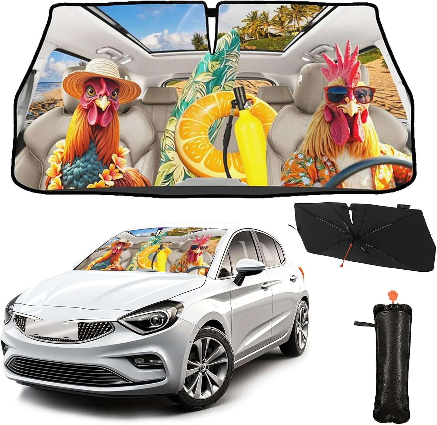 Funny Rooster Car Windshield Umbrella – UV Protection Sunshade for Front Window, Foldable Sun Visor Protector