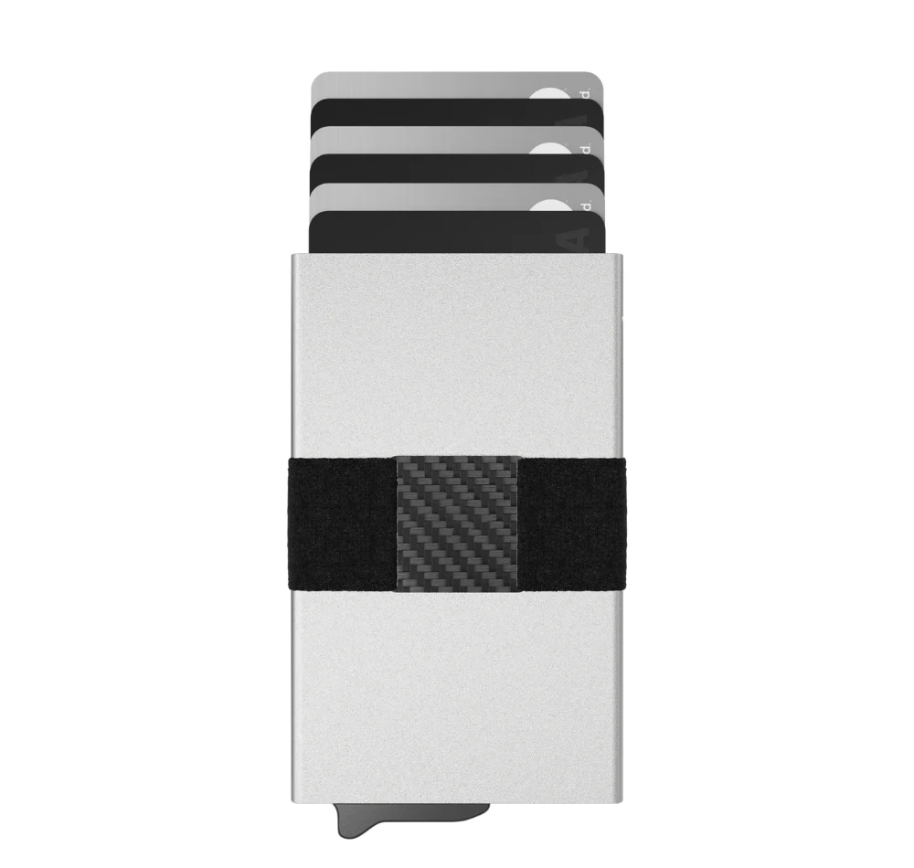 RFID Blocking Wallet – Slim Aluminum Card Holder with Carbon Fiber Cash Strap