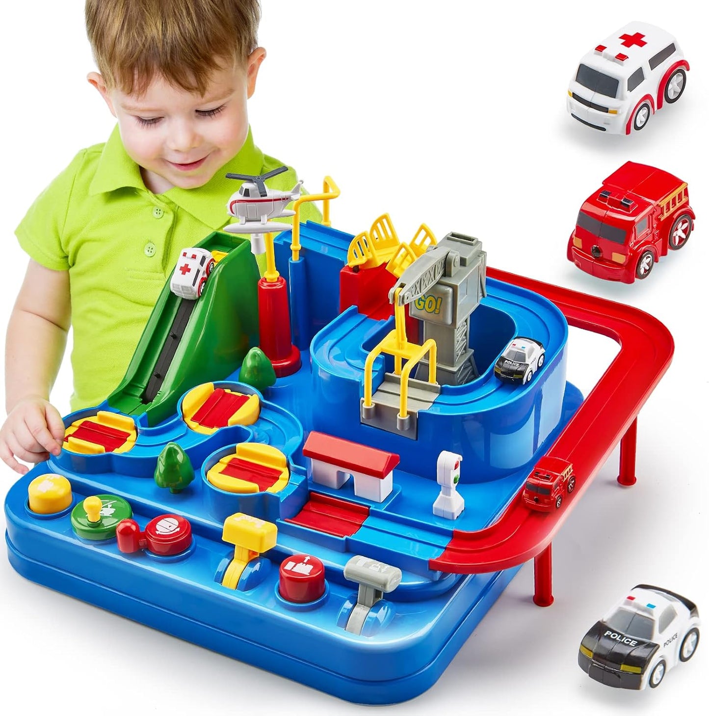 Toy Race Track Set for Boys Ages 3-5 – Large Montessori Car Playset with Interactive Buttons