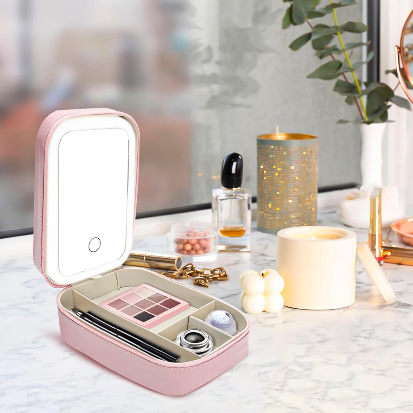 Travel Makeup Mirror Case – Portable LED Lighted Vanity Box with Storage for Brushes & Tools