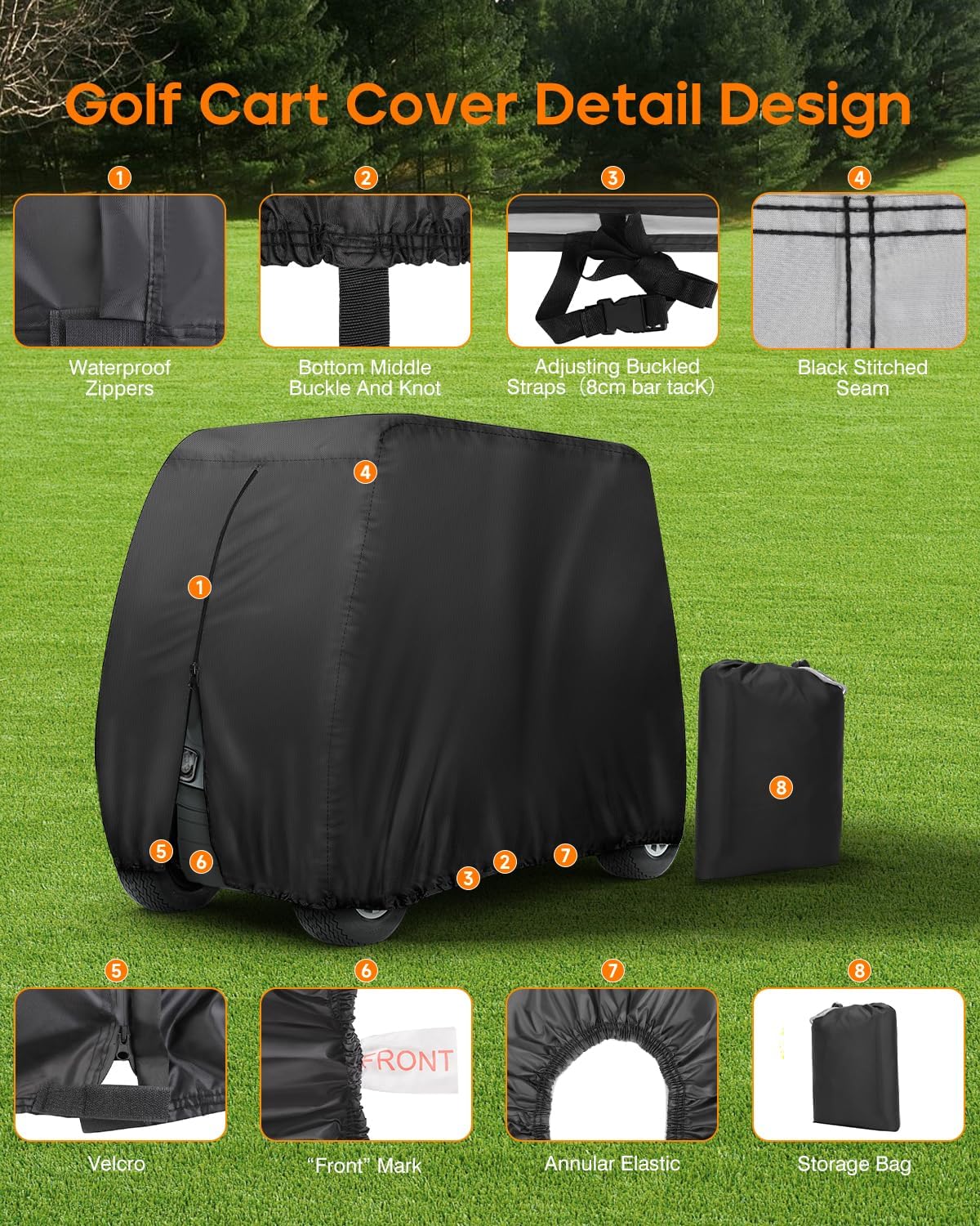 Passenger Golf Cart Cover – 420D Waterproof Durable Polyester with 3 Zipper Doors