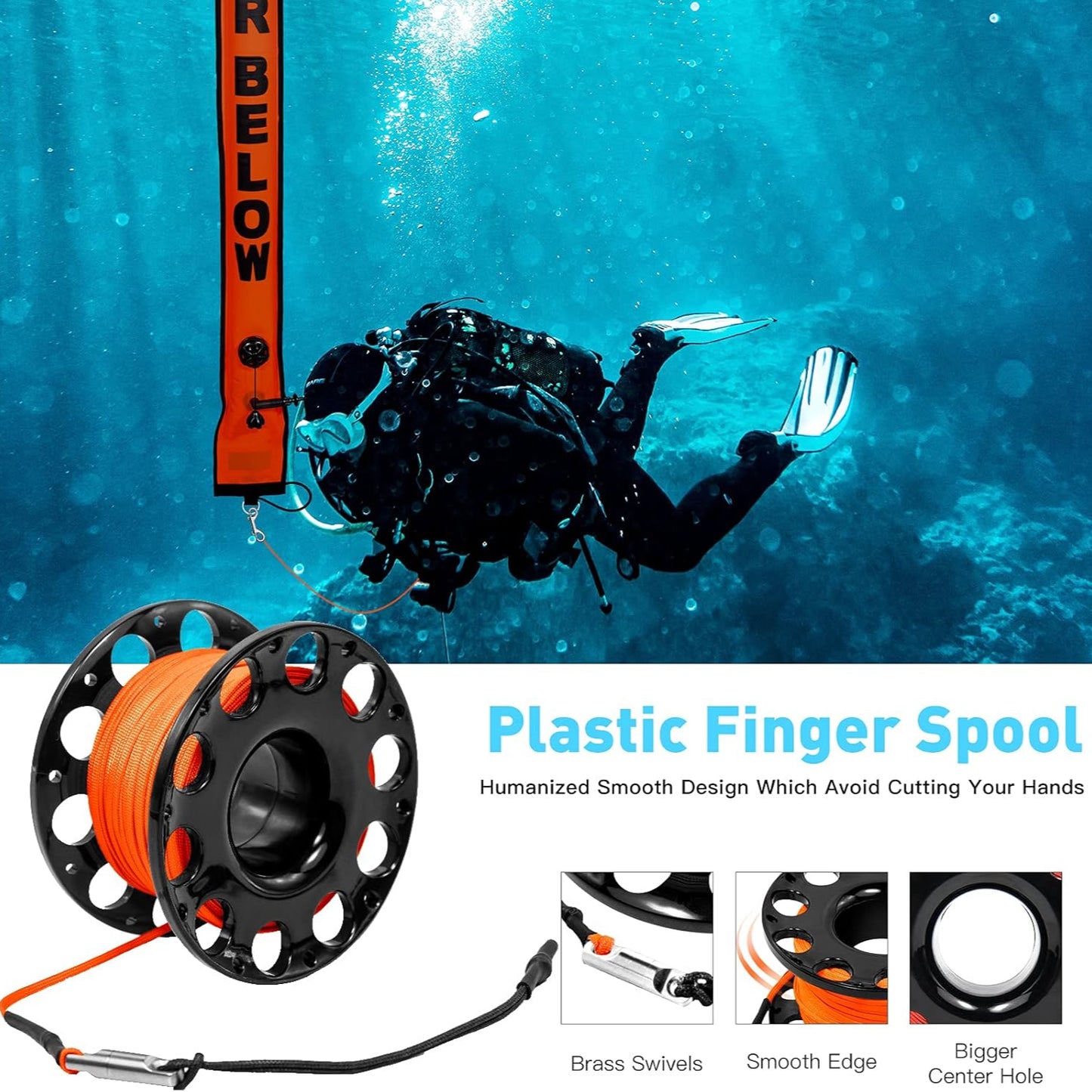 Scuba Diving SMB Kit – 5ft Surface Marker Buoy with Reel & Whistle for Safety