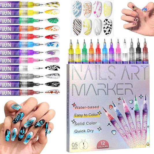Nail Art Marker Pens – 12 Color DIY Nail Art Pen Set | 3D Gel Nail Pens for Drawing, Dotting & Nail Design