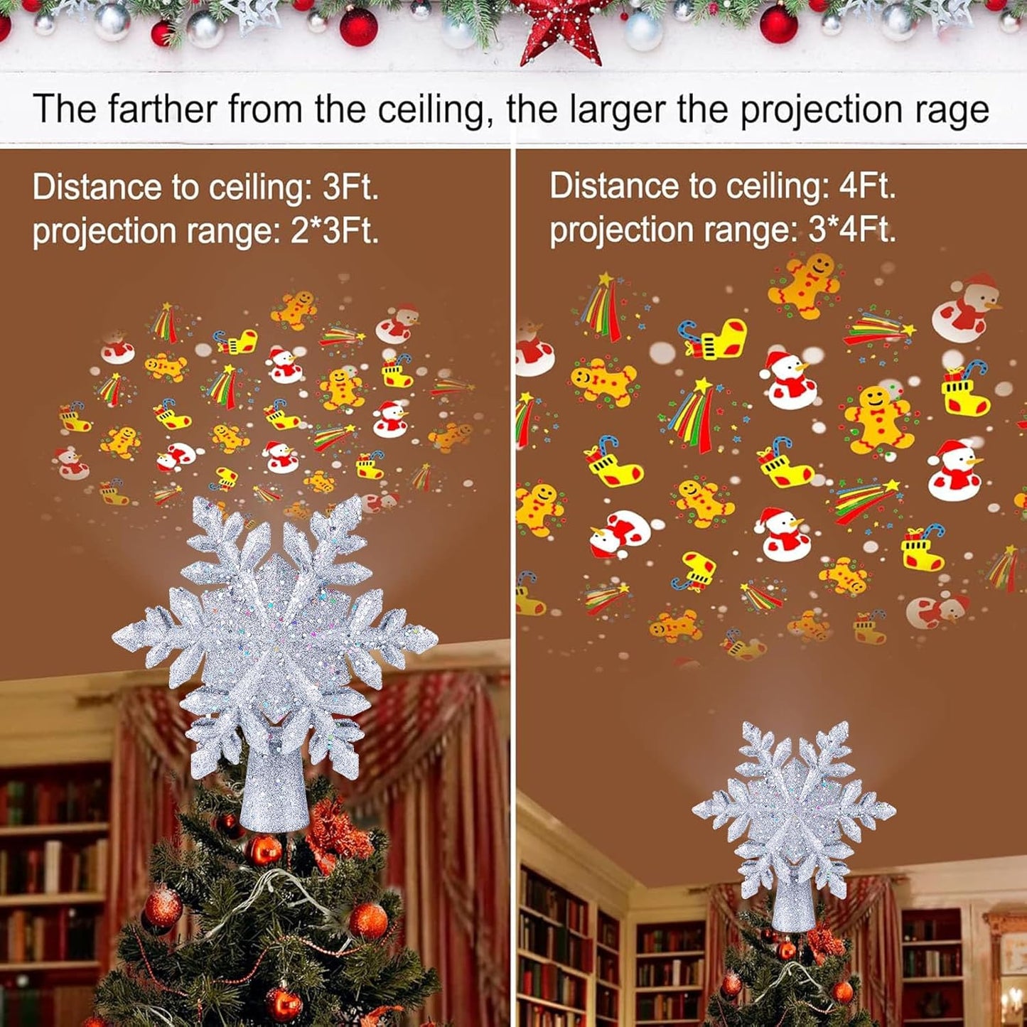 Christmas Tree Topper with 6 Projection Modes – 9.6" Hollow Snowflake Tree Topper