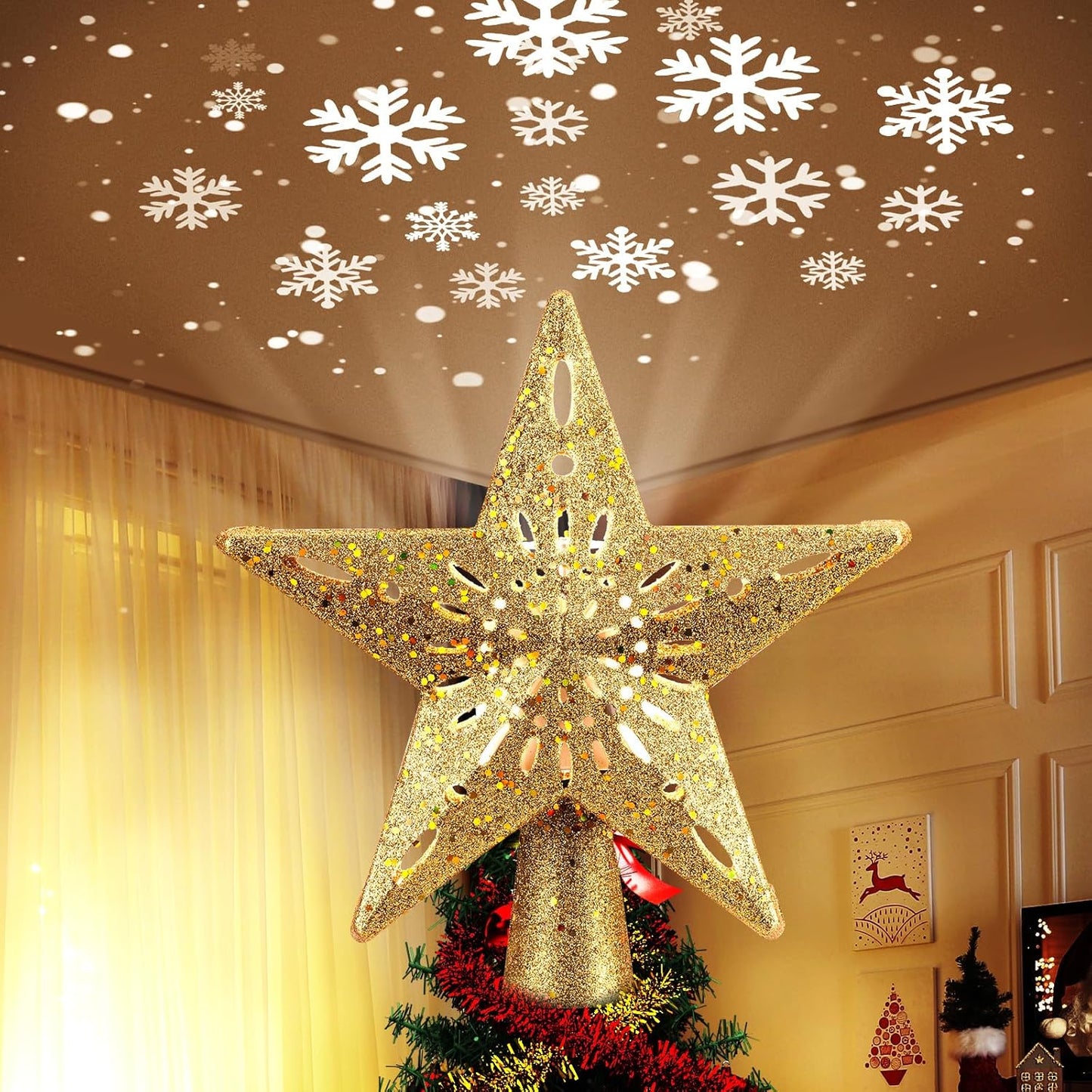 Christmas Tree Topper with 6 Projection Modes – 9.6" Hollow Snowflake Tree Topper