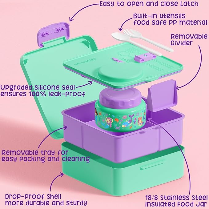Children and Adult Lunch Box with Insulated Bottle – 3-4 Compartments 60oz Lunch Container with Leak-Proof 8oz Insulated Food Jar and Sauce Cup | BPA-Free, Dishwasher Safe