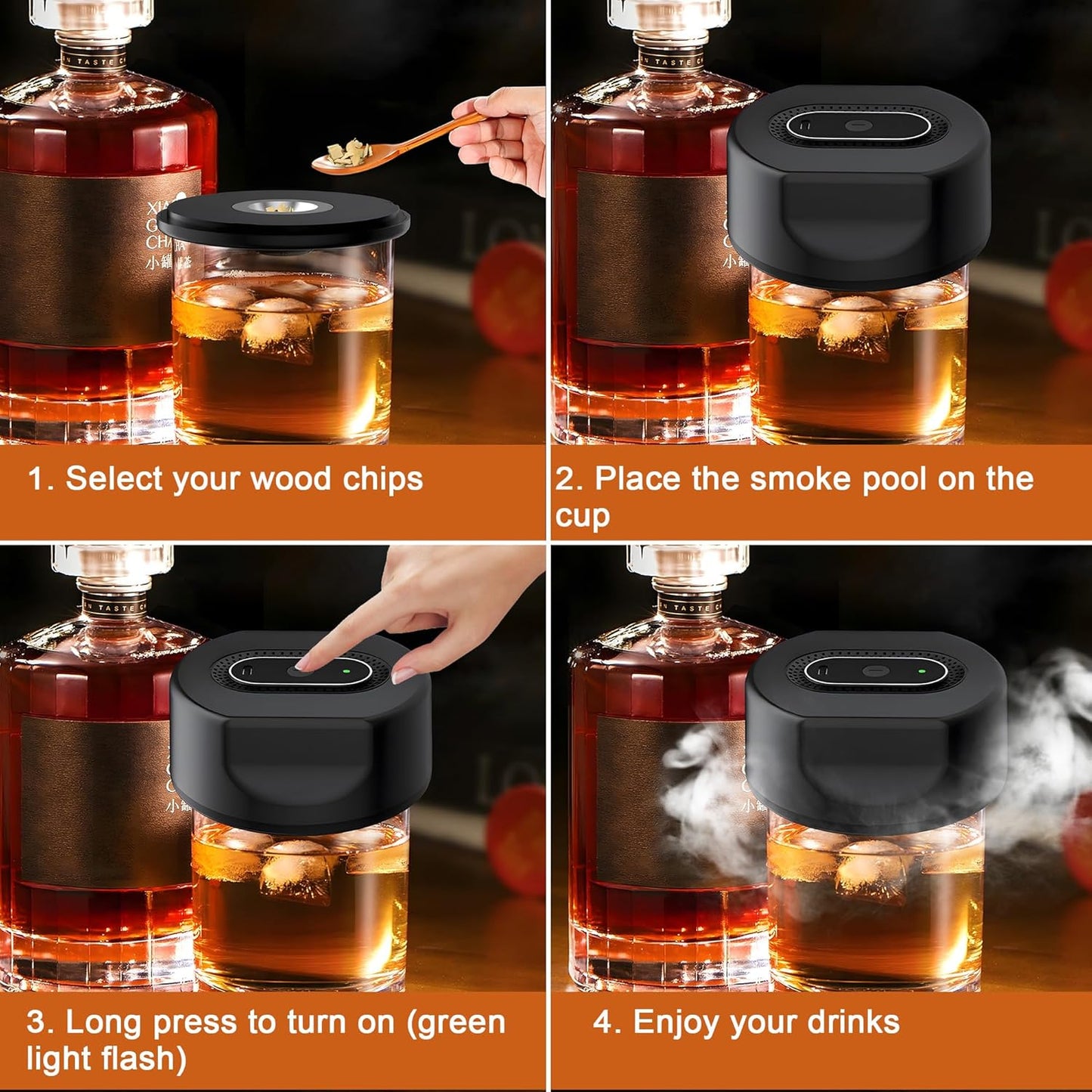 Electric Whiskey Smoker Kit – Rechargeable Cocktail Smoker with Built-in Lighter & 6 Wood Chips
