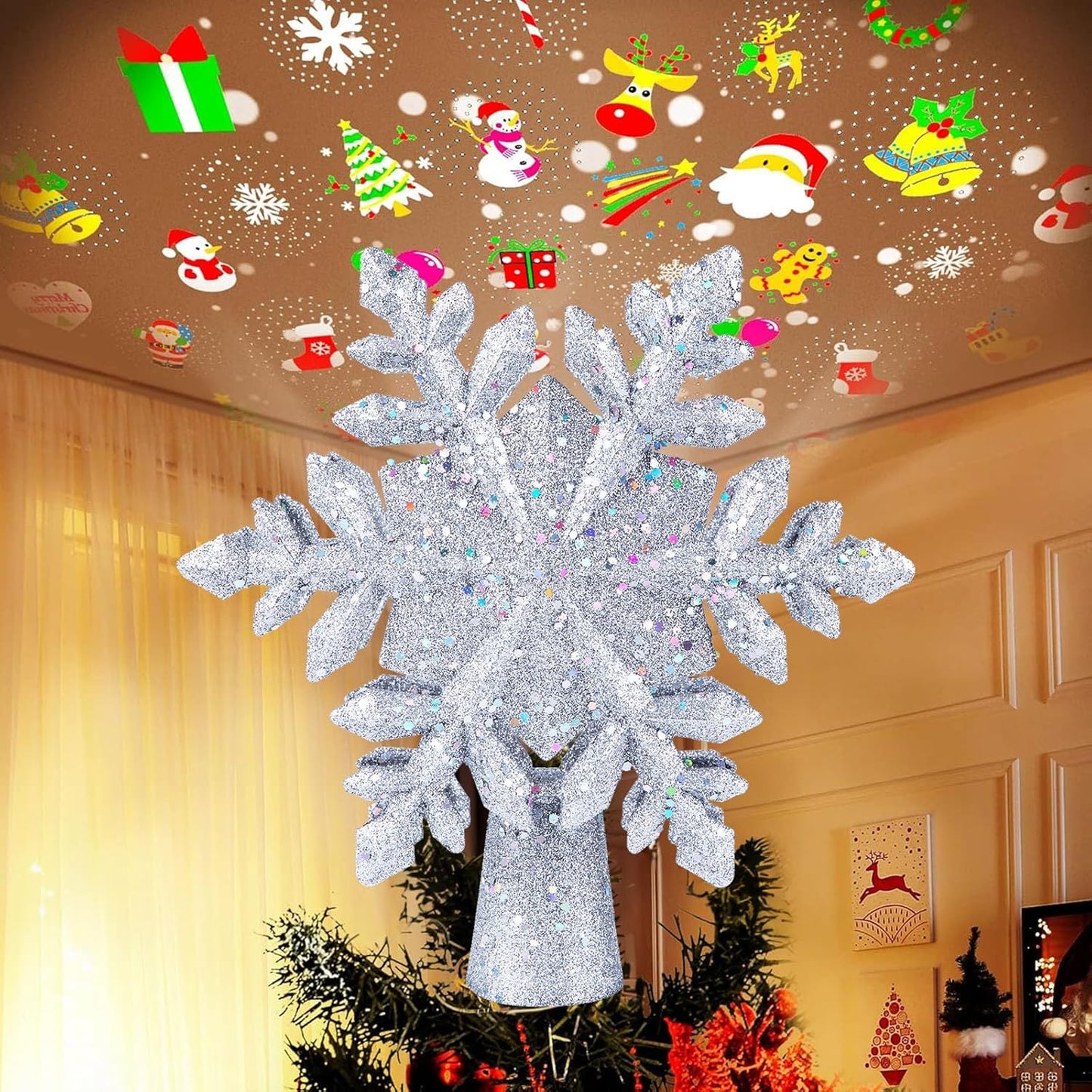 Christmas Tree Topper with 6 Projection Modes – 9.6" Hollow Snowflake Tree Topper