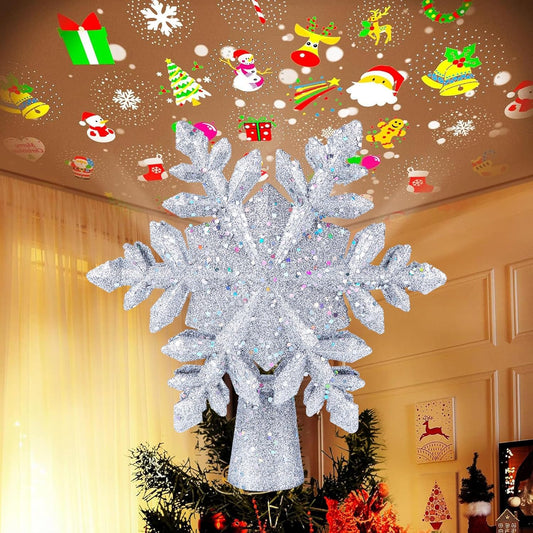 Christmas Tree Topper with 6 Projection Modes – 9.6" Hollow Snowflake Tree Topper