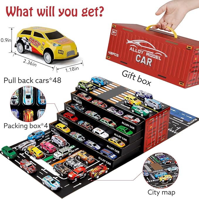 48-Piece Pull Back Car Set – Alloy Racing Toy Cars | Mini Party Favors for Kids Ages 3-8
