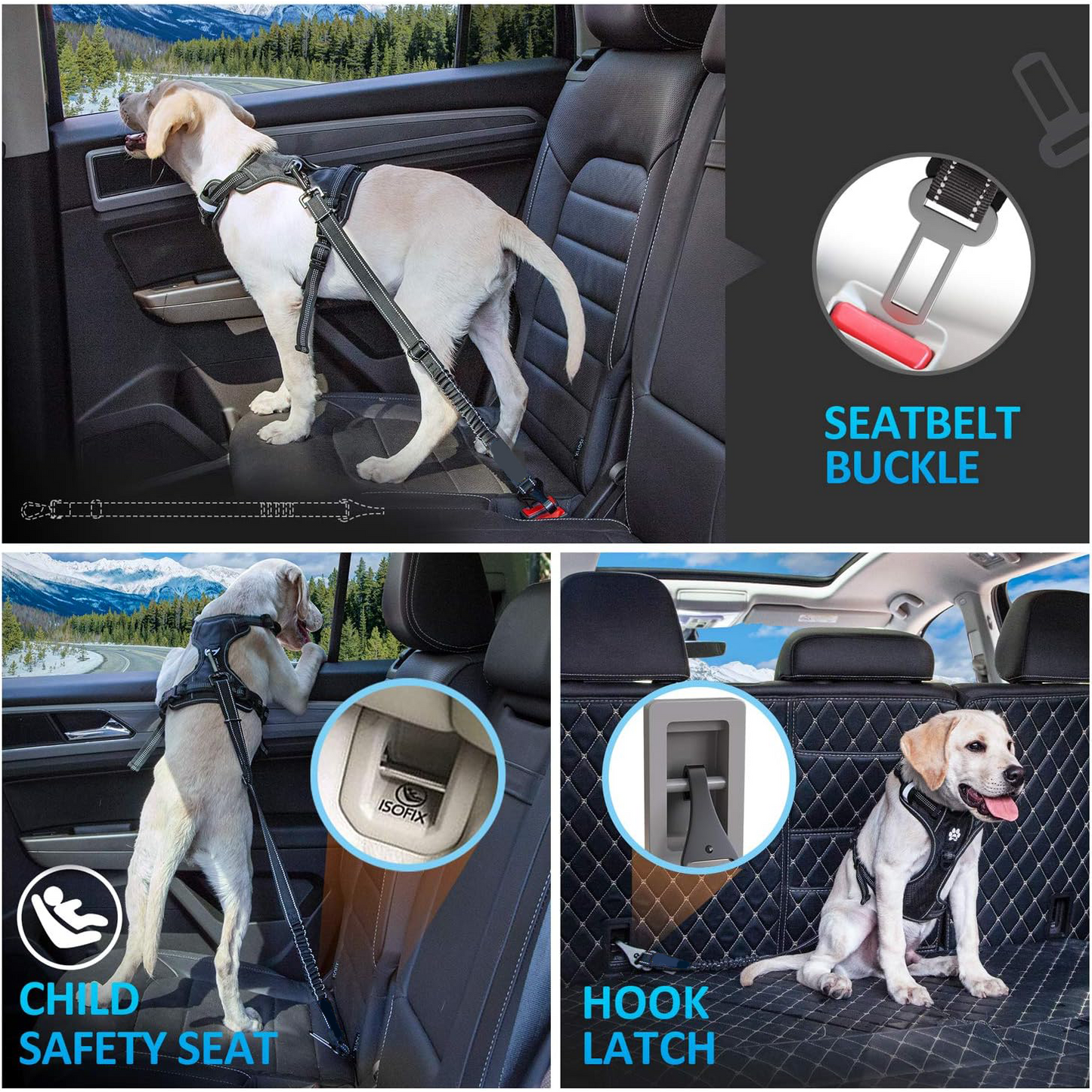 3-in-1 Adjustable Dog Car Seat Belt – Reflective Nylon Safety Harness with Elastic Bungee & Zinc Alloy Hook